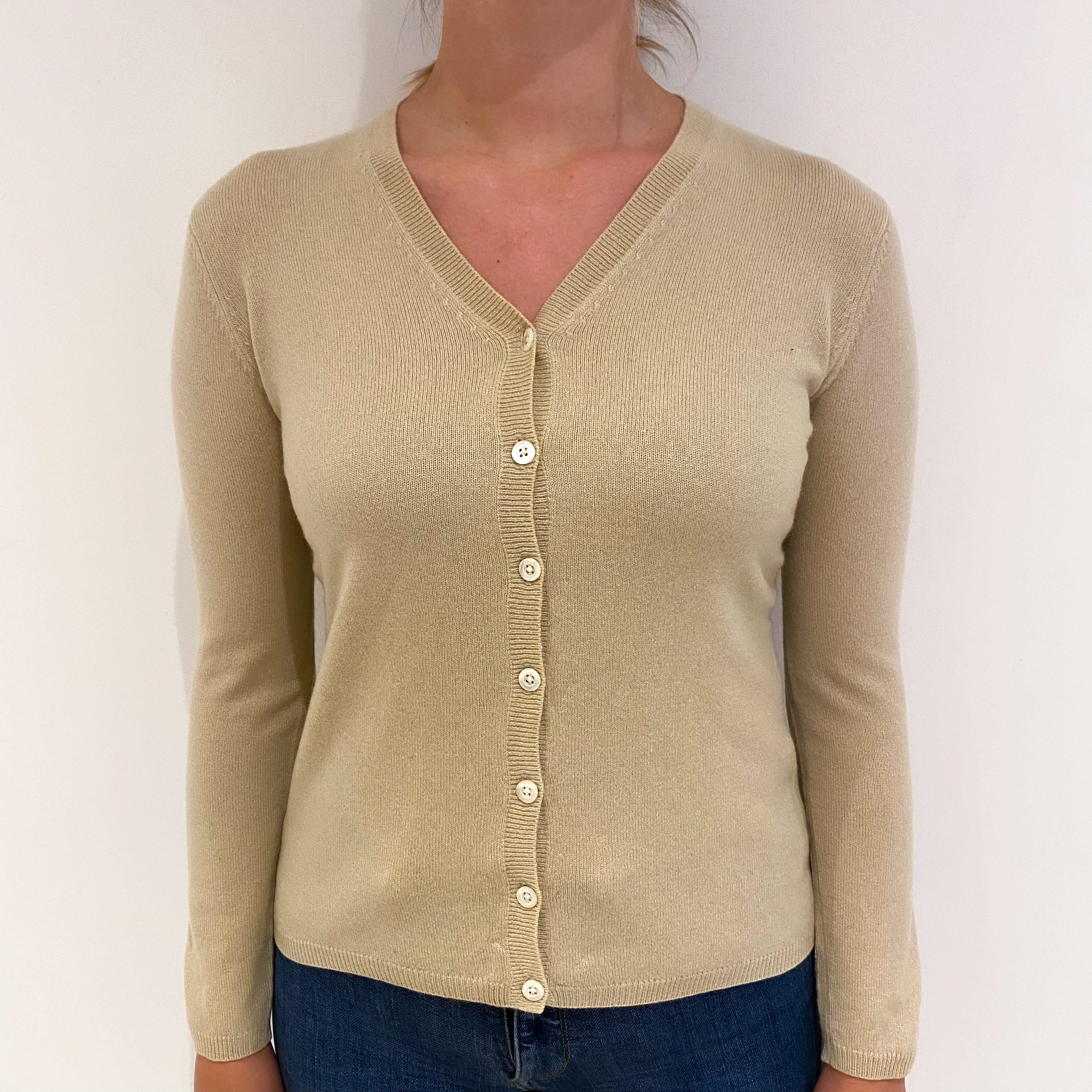 Sand Beige Cashmere V Neck Cardigan Small