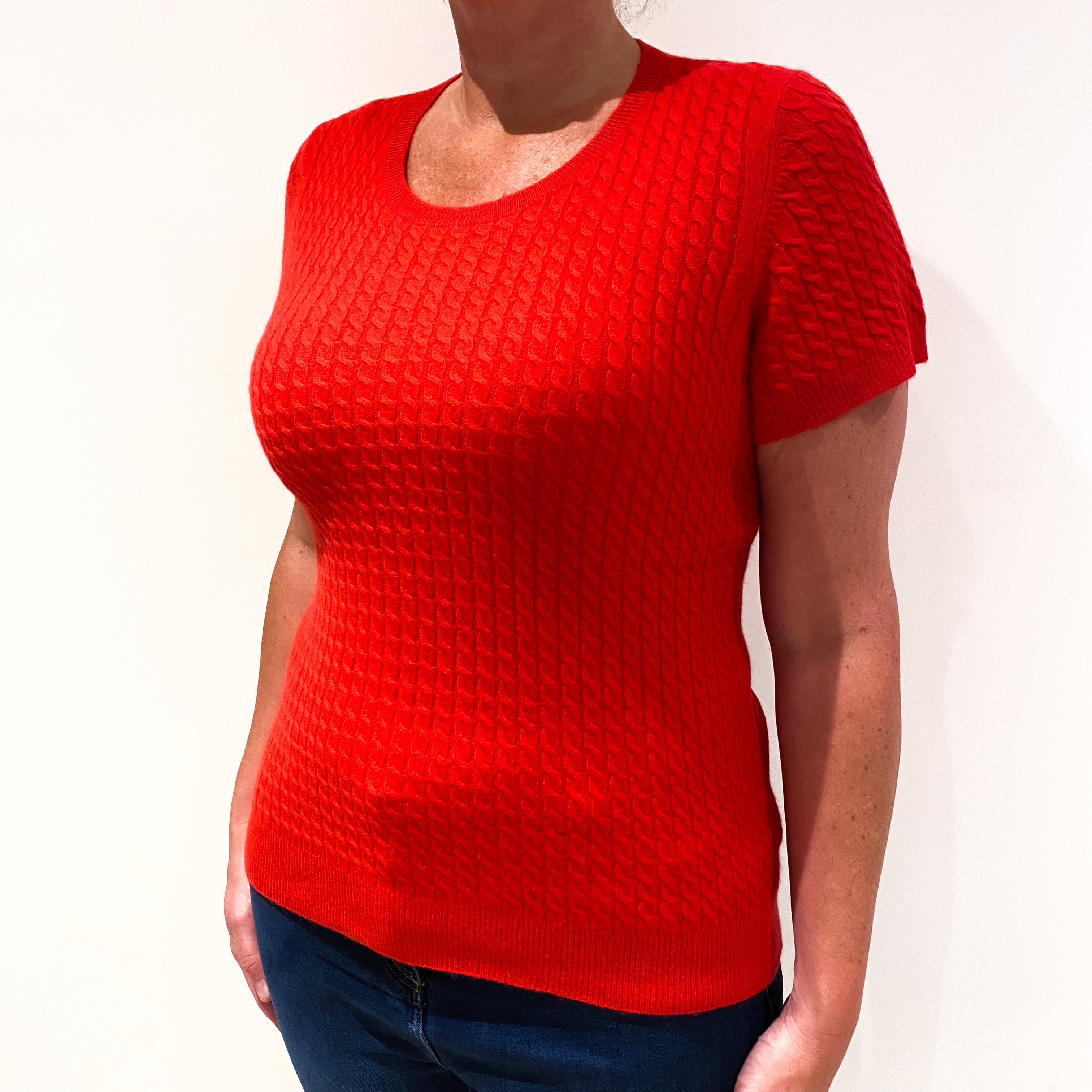 Post Box Red Cable Front Short Sleeved Cashmere Jumper Large