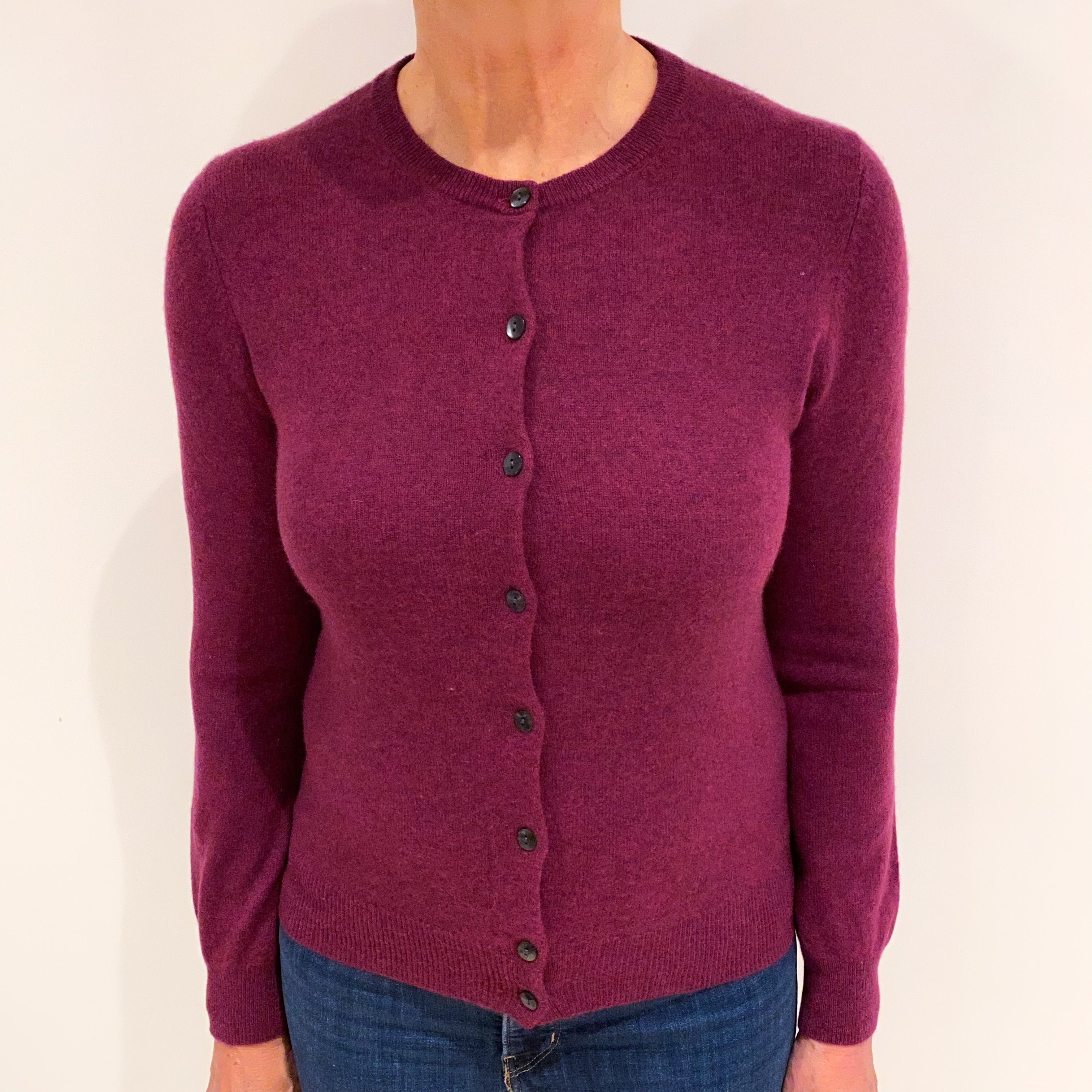 Plum Purple Cashmere Crew Neck Cardigan Medium