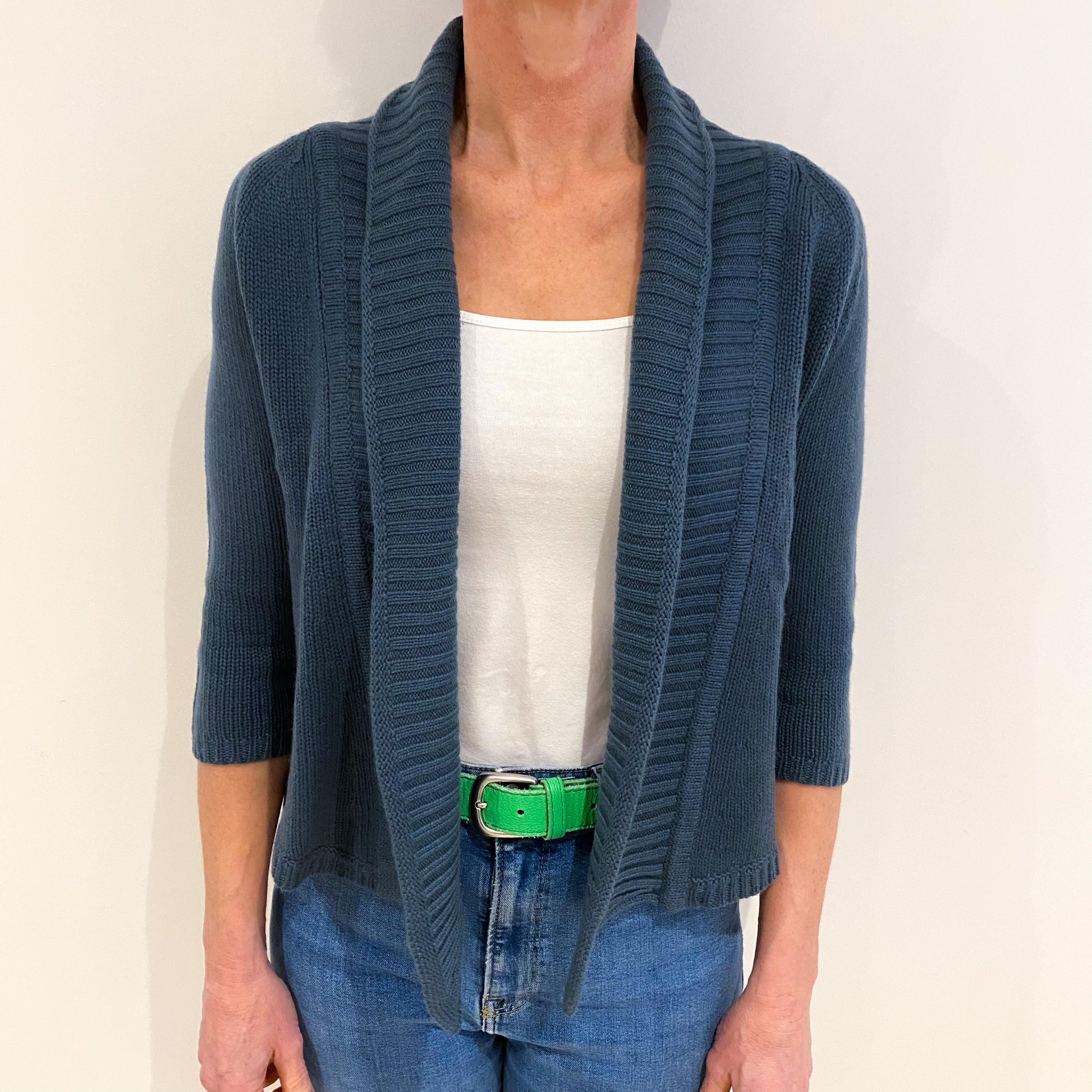 Petrol Blue Cashmere Edge To Edge Ribbed Cardigan Small