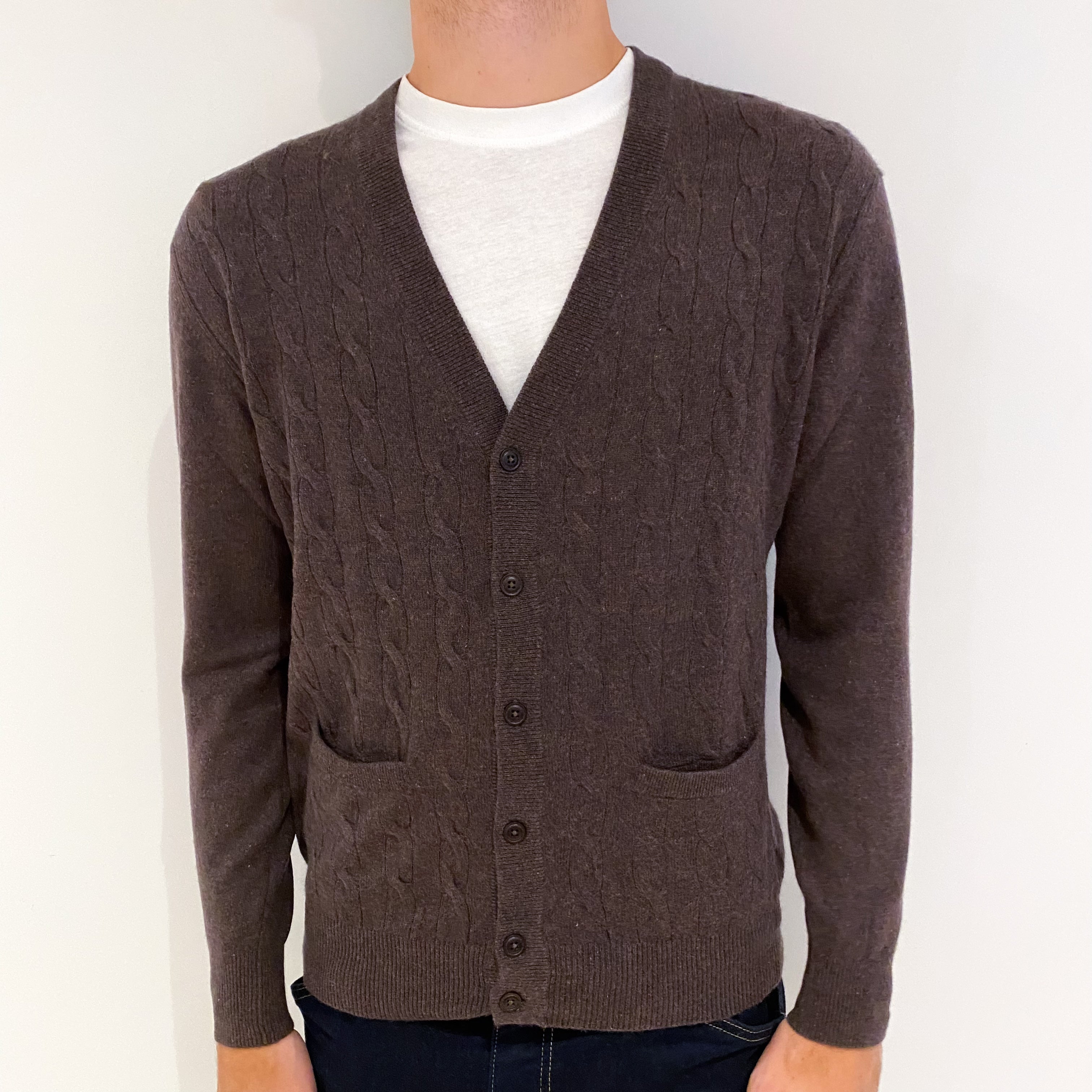 Men's Mole Brown Cable Front Cashmere V-Neck Cardigan Medium