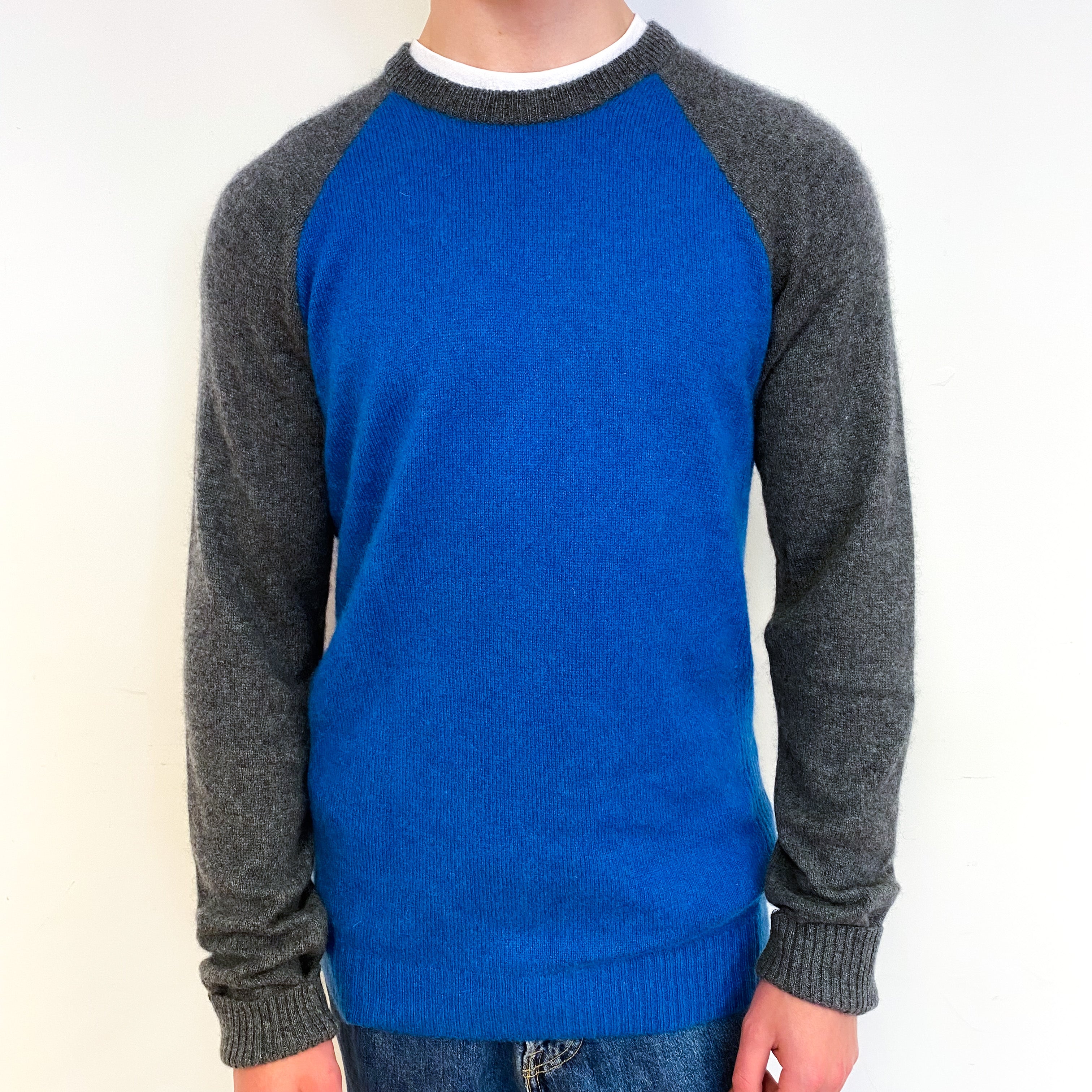 Men's Tanzanite Blue and Grey Cashmere Crew Neck Jumper Small