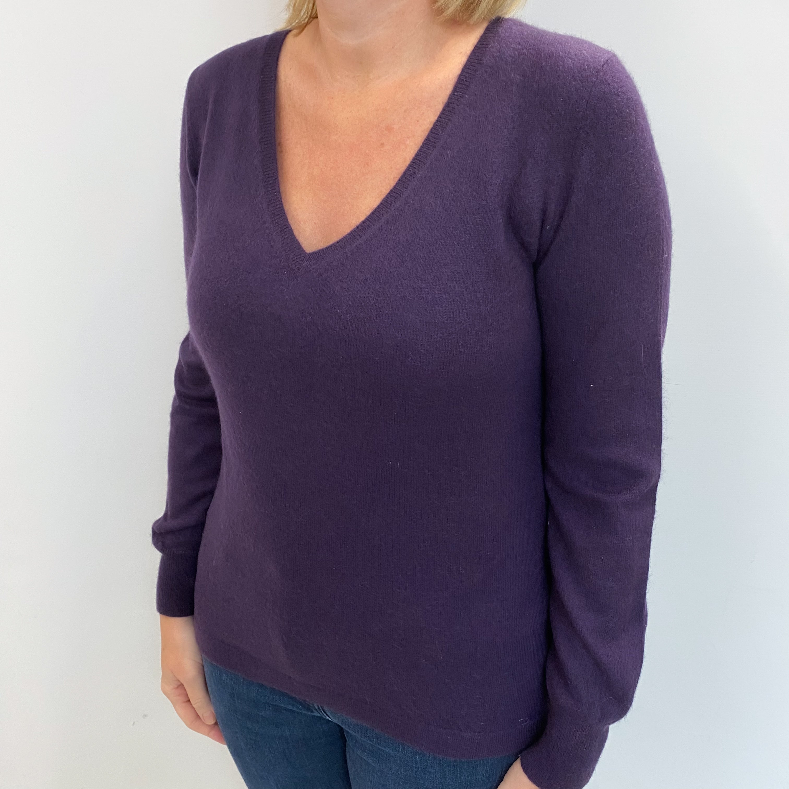 Blueberry Purple Cashmere V Neck Jumper Large