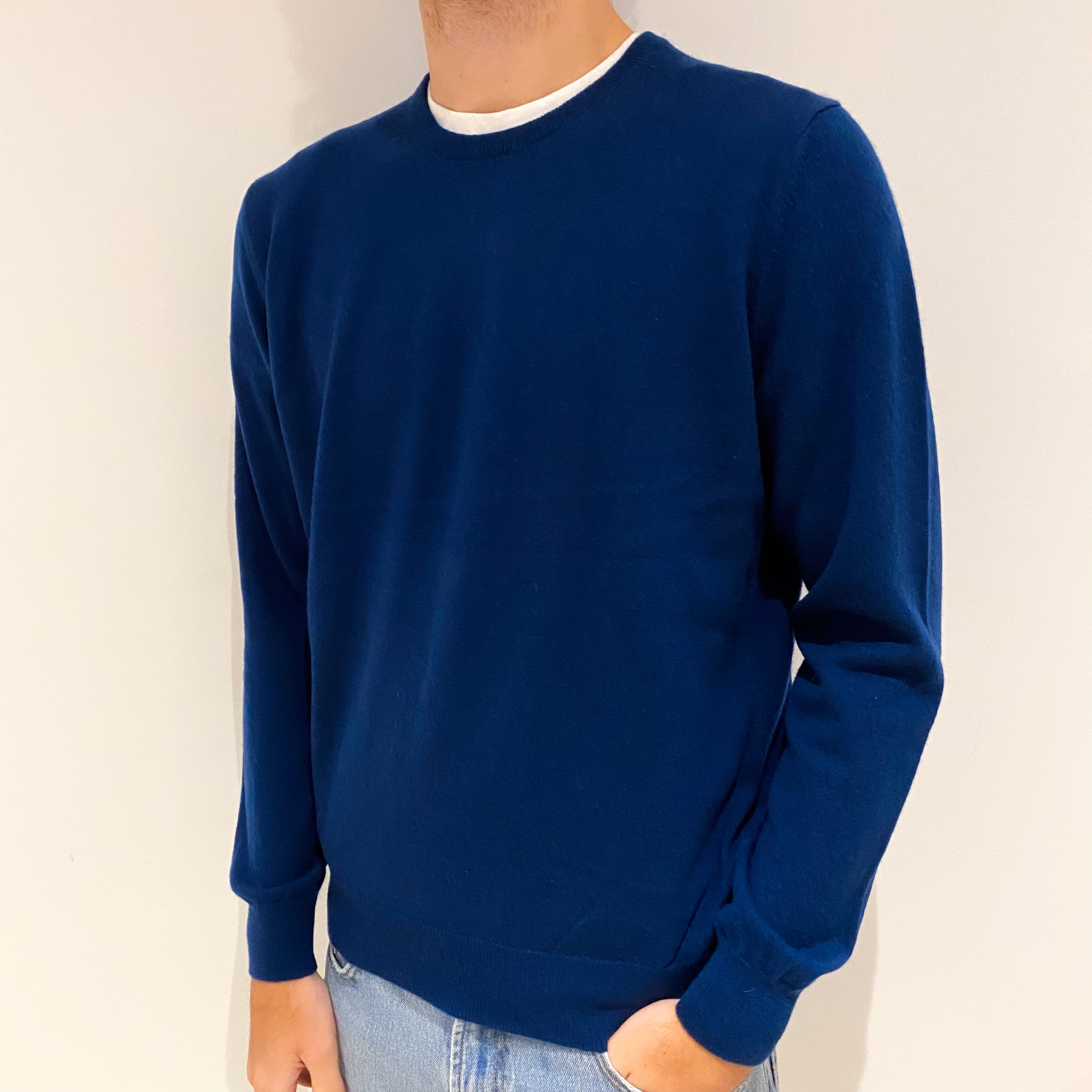 Men's Petrol Blue Cashmere Crew Neck Jumper Large