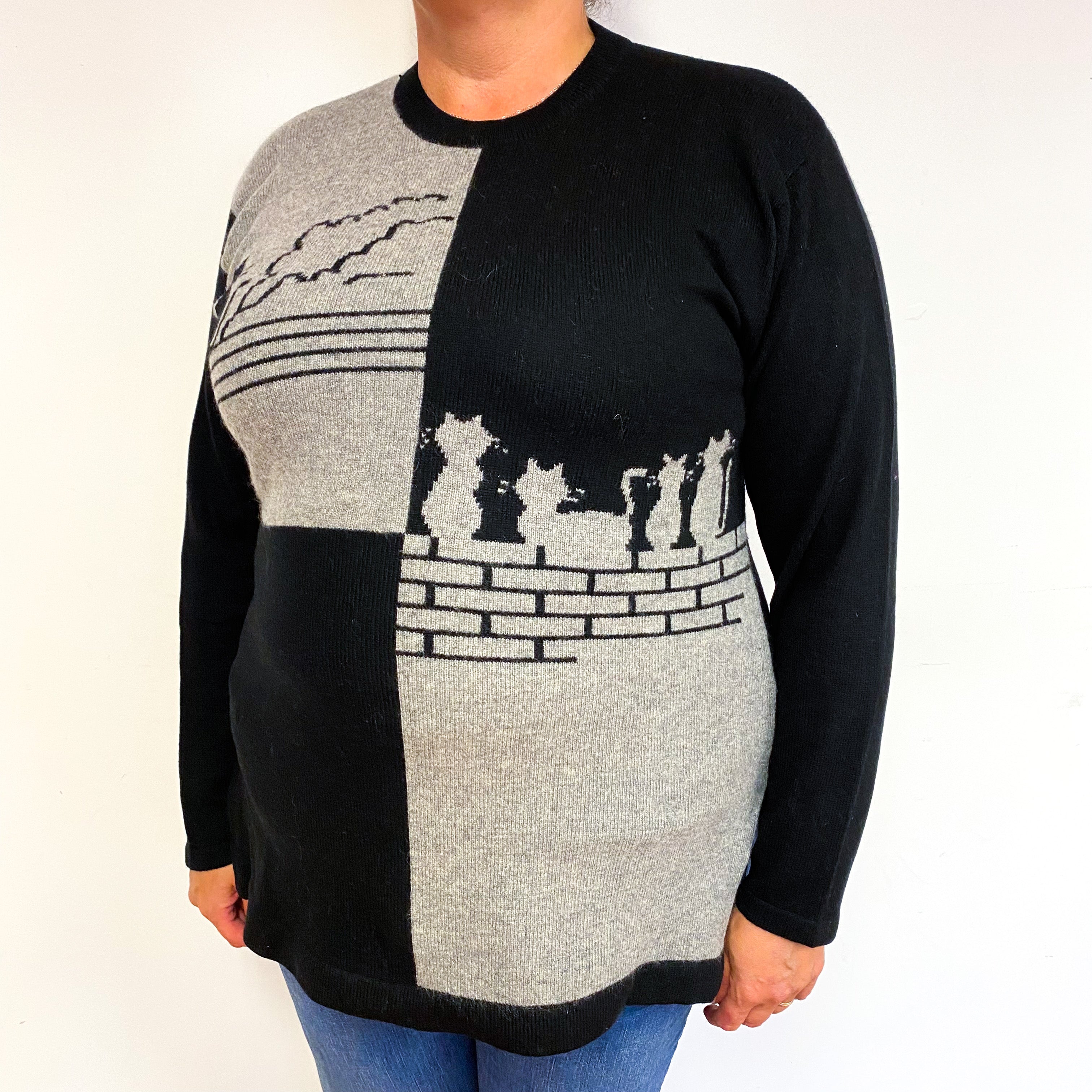 Vintage Cat Motif Cashmere Crew Neck Jumper Extra Large