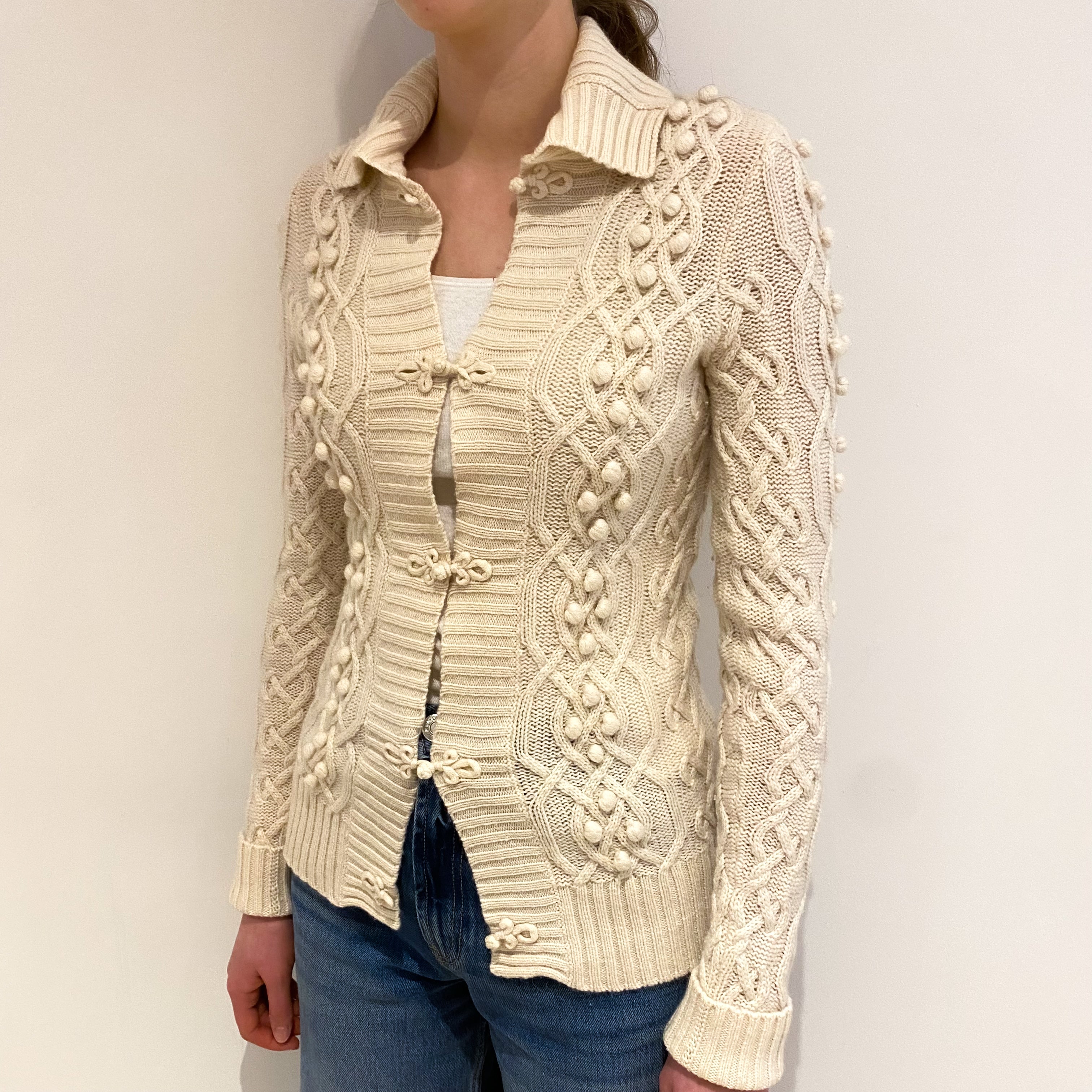 Ivory Textured Knit Cashmere Collared Cardigan Extra Small