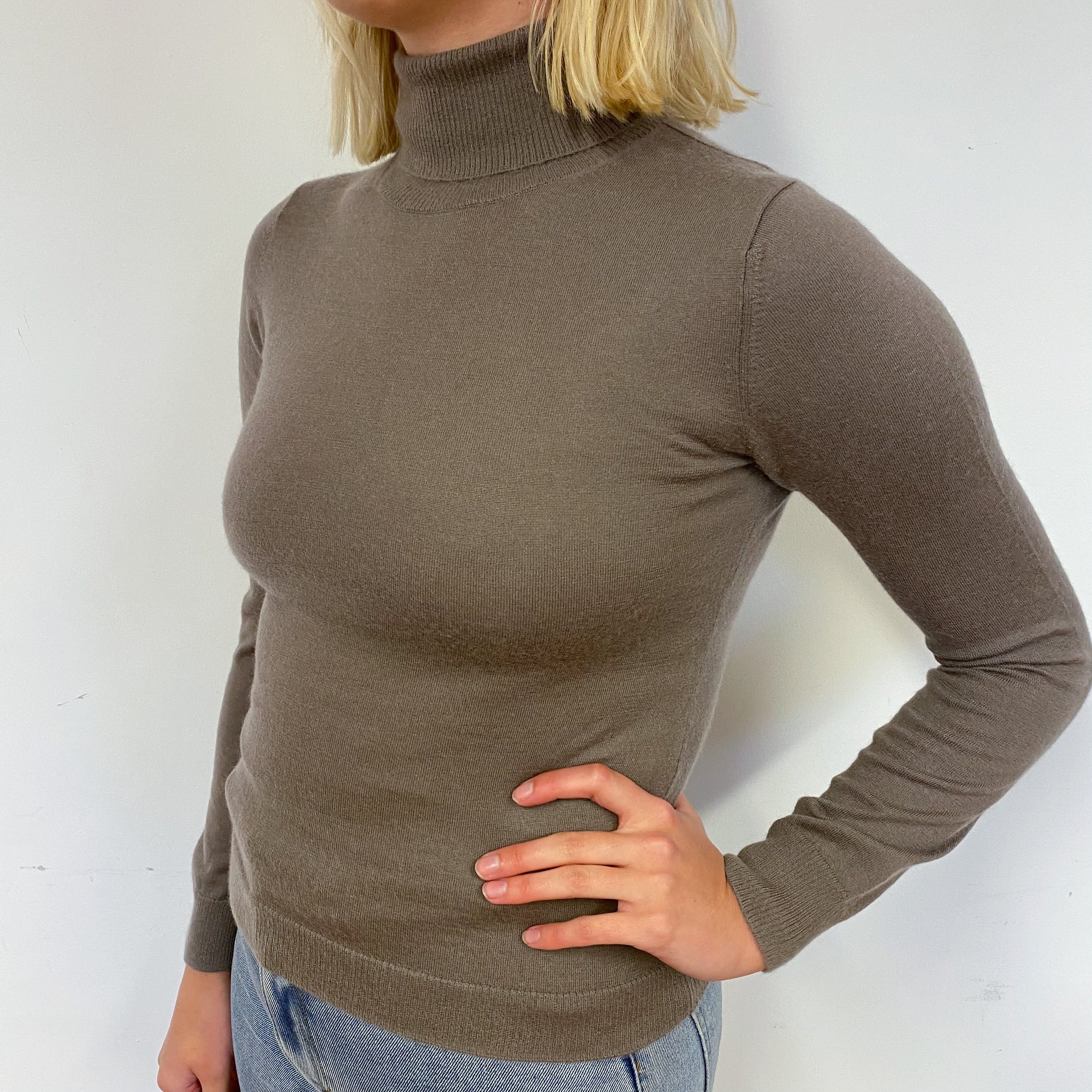 Mocha Brown Cashmere Polo Neck Jumper Small