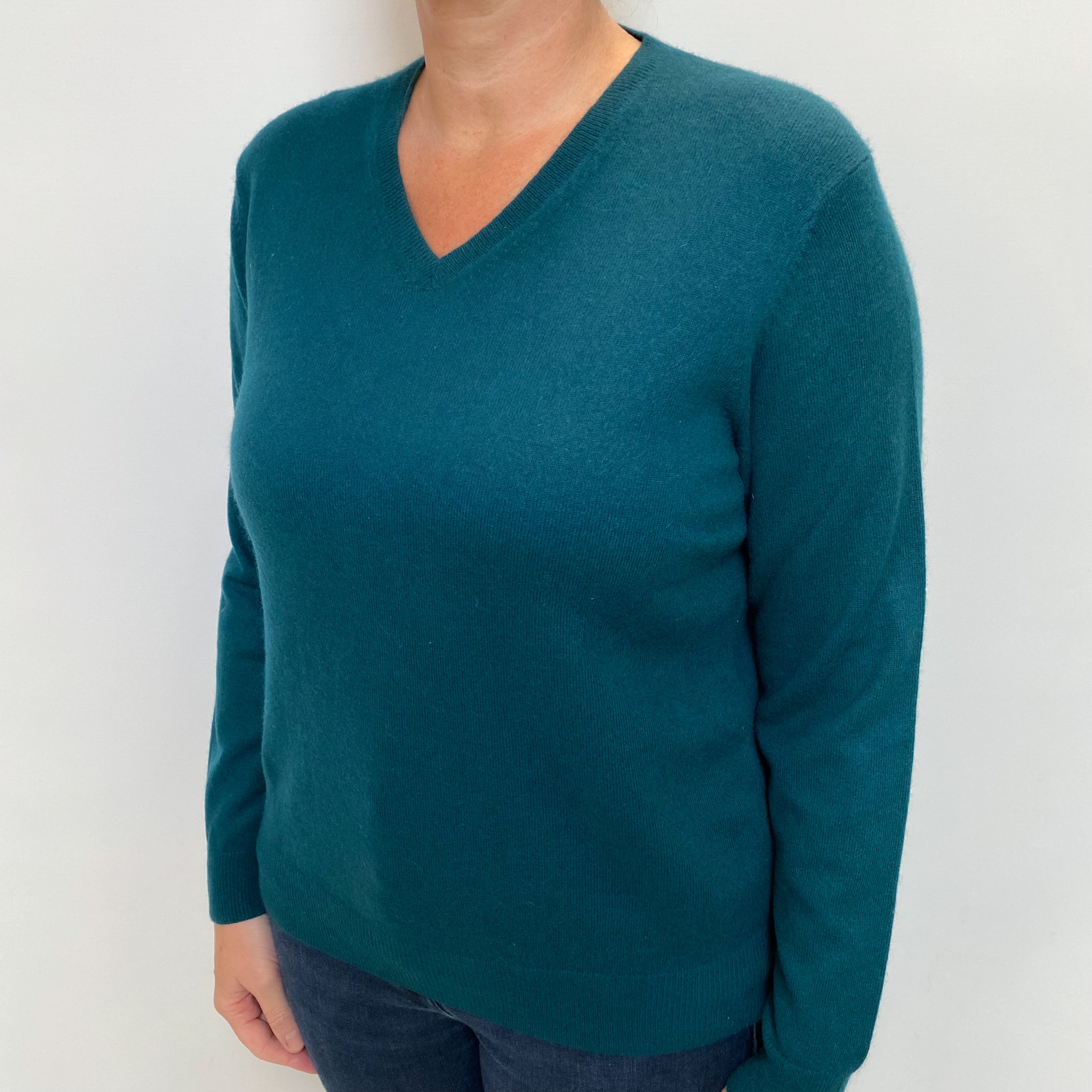 Deep Forest Green Cashmere V Neck Jumper Large