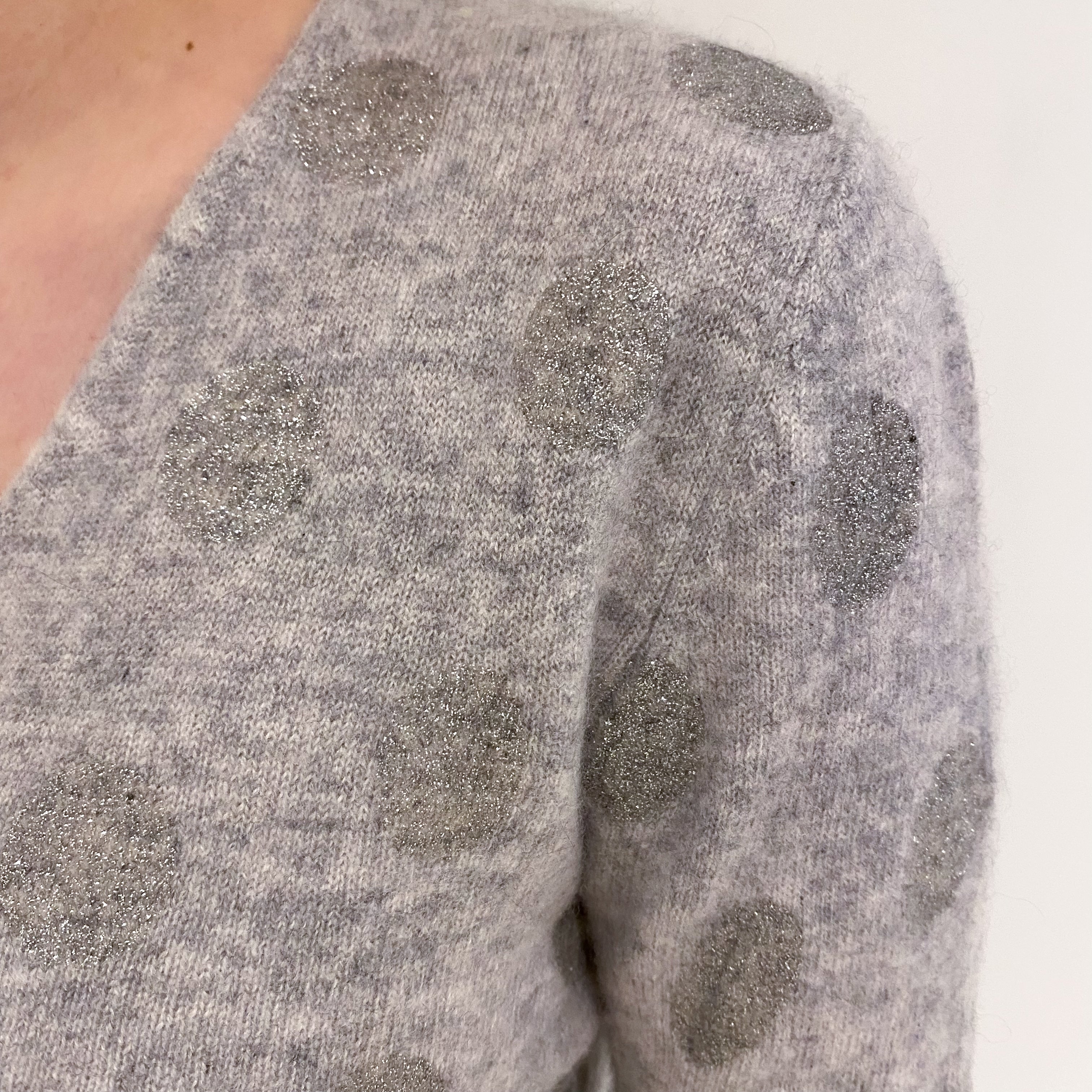 Mist Grey Sparkly Cashmere V Neck Jumper Extra Small