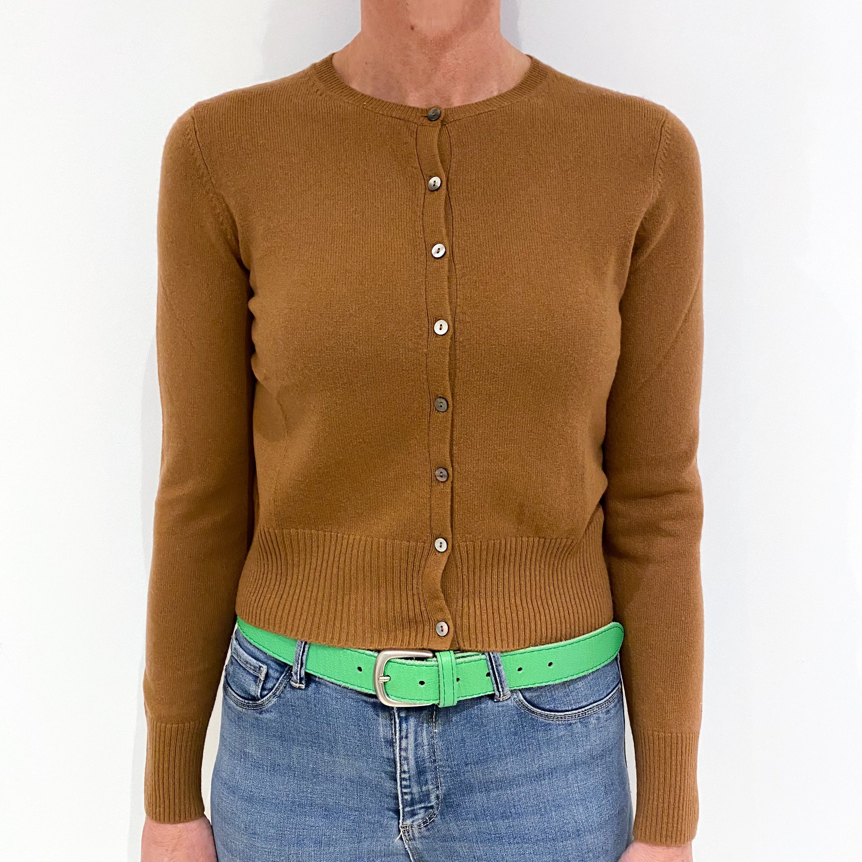 Sienna Brown Cashmere Cropped Crew Neck Cardigan Small