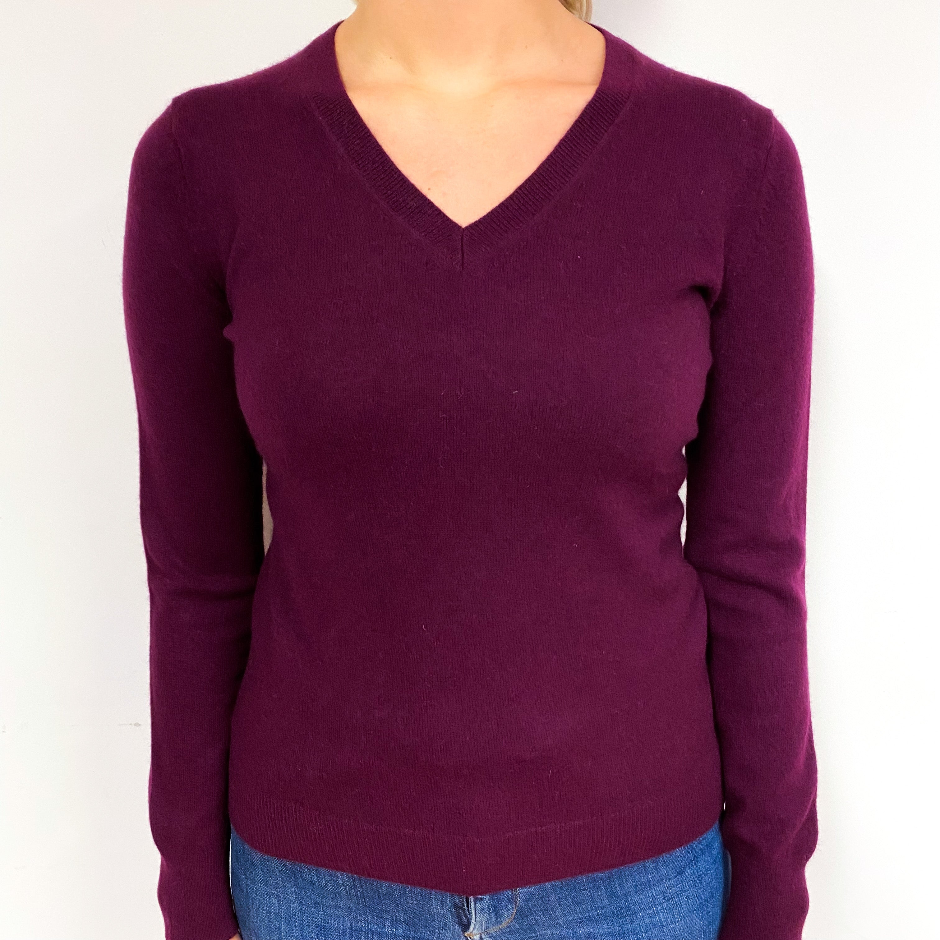Aubergine Purple Cashmere V-Neck Jumper Small