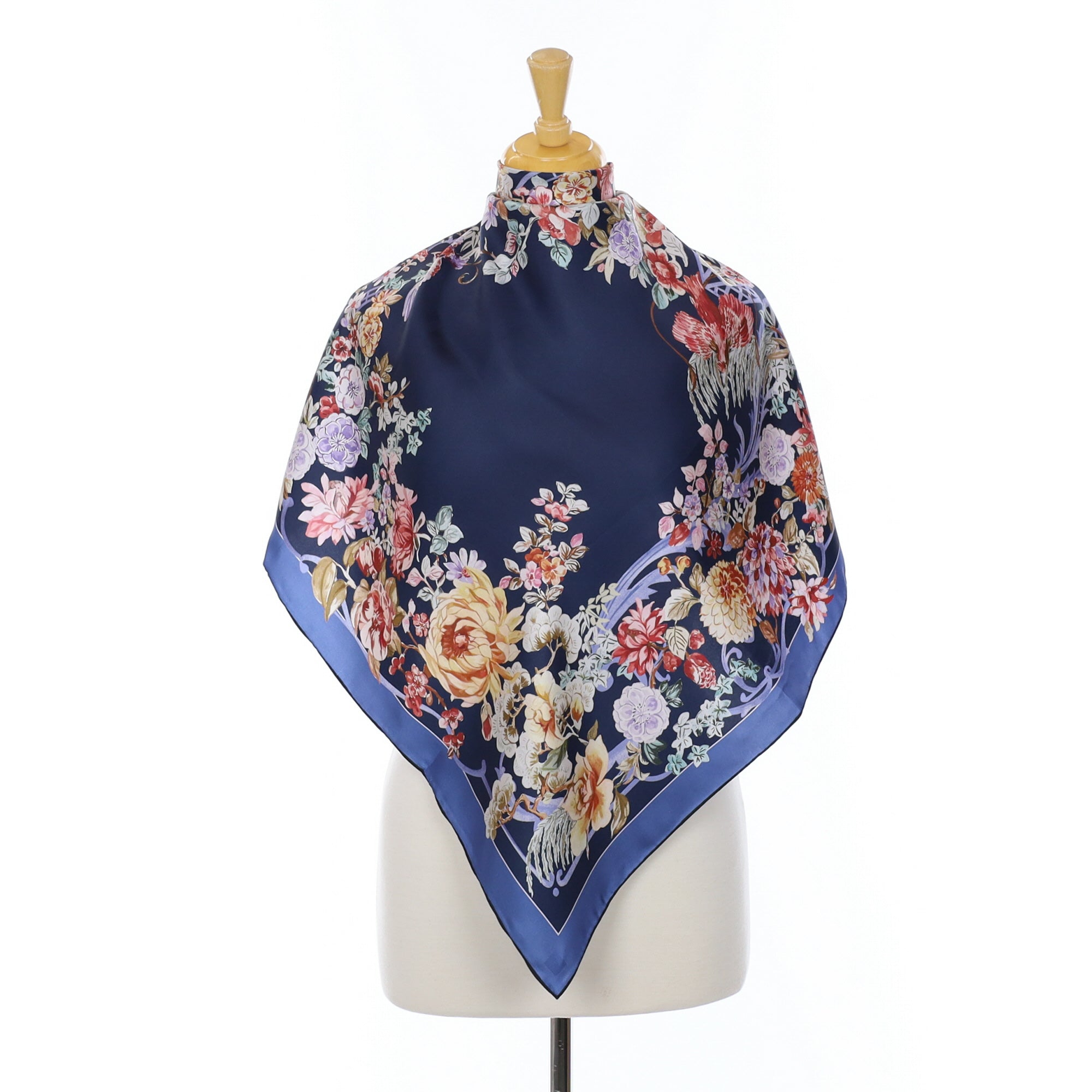 Brand New Navy Blue Floral Silk Scarf