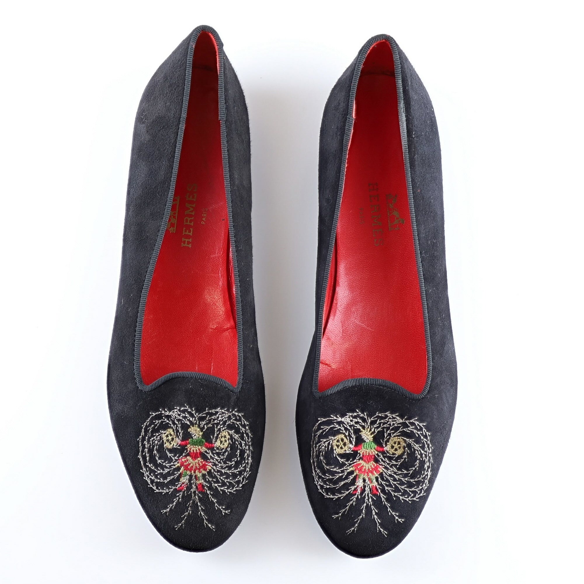 Hermès Black Suede Embroidered Shoes