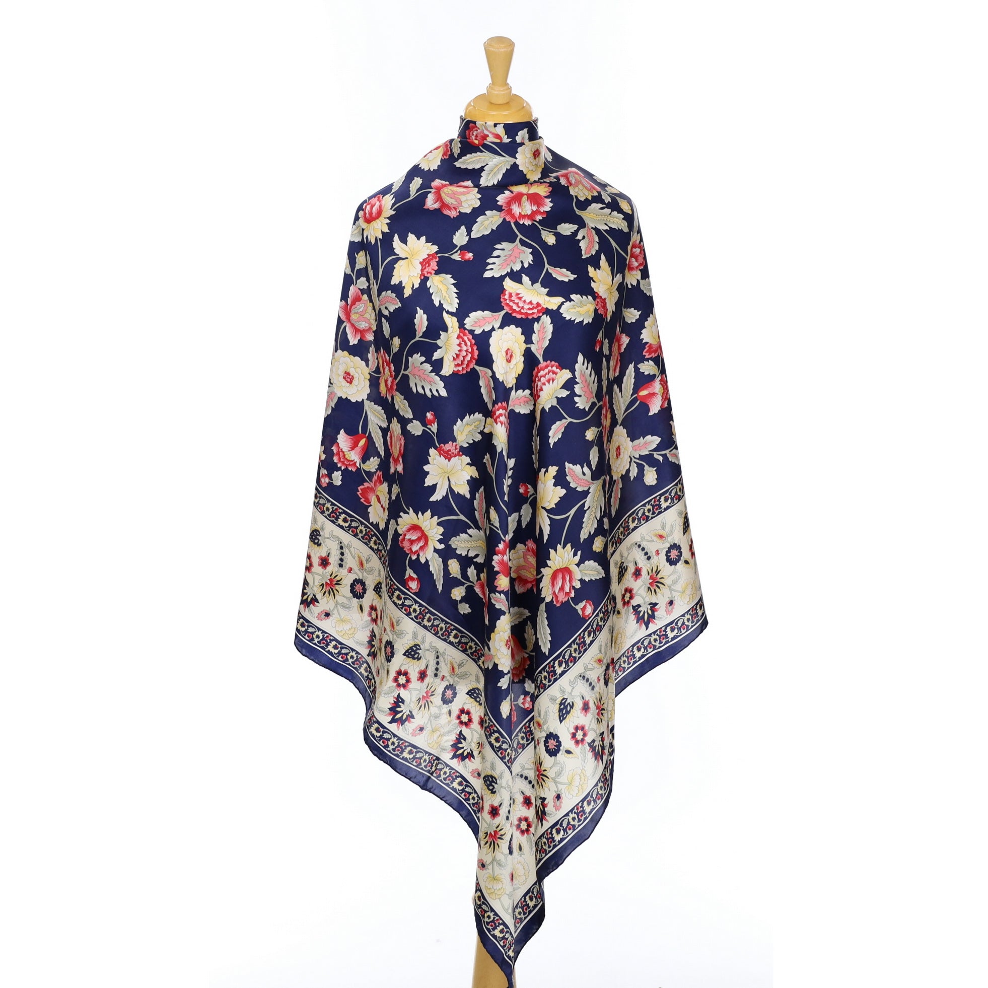 Navy Blue Floral Vintage Silk Scarf