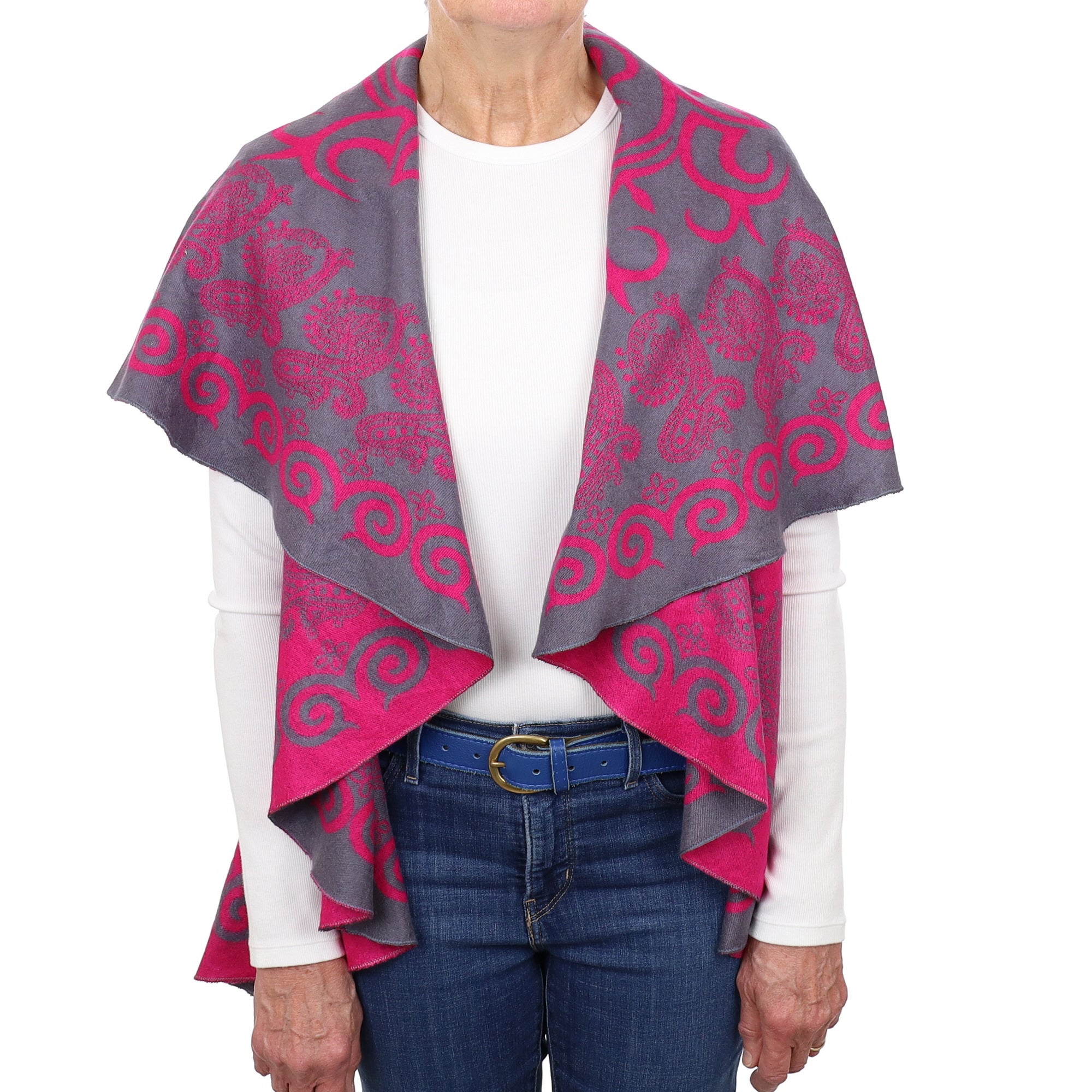 Hot Pink and Steel Grey Patterned Cashmere Cloak One Size