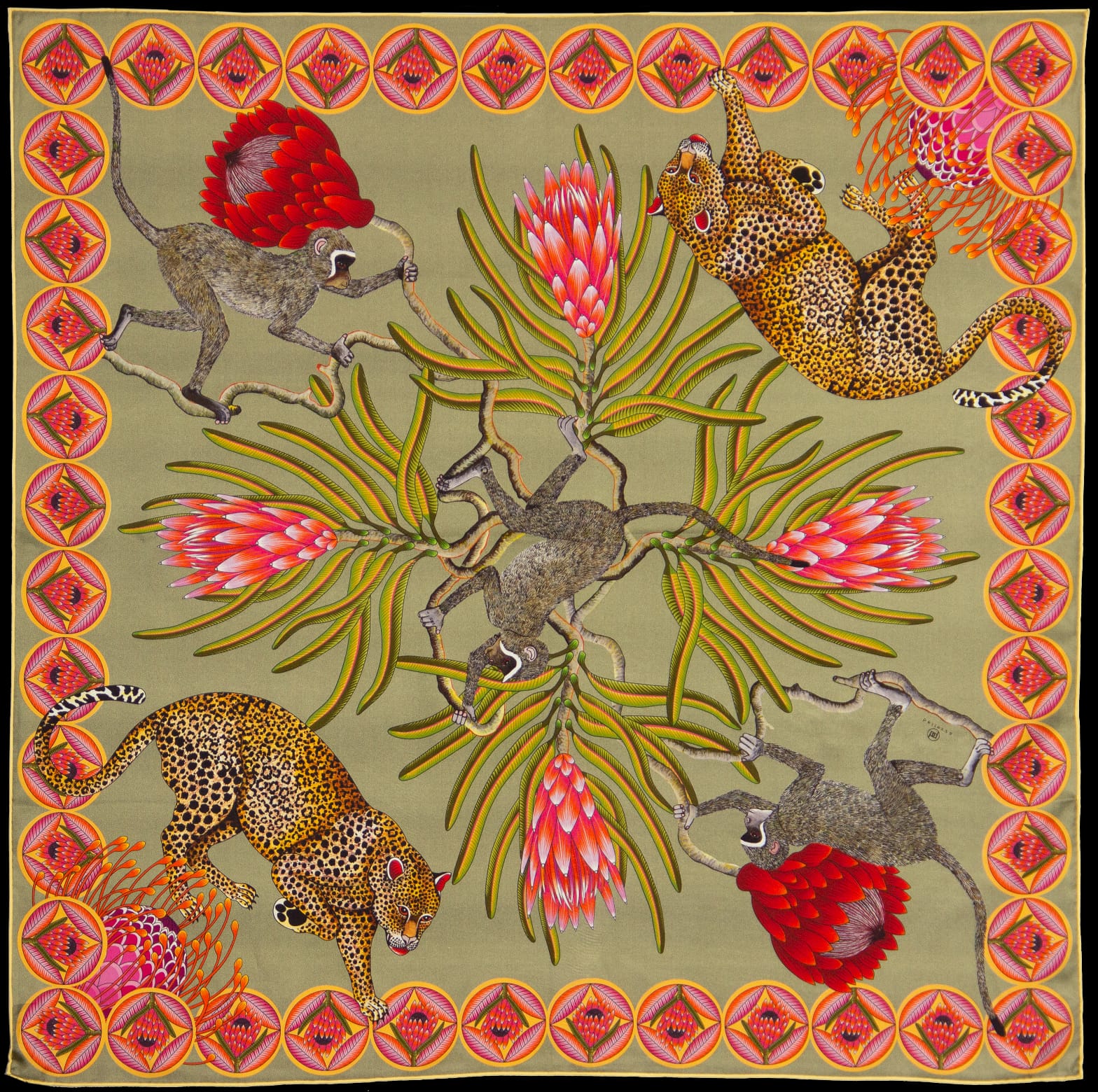 Brand New Bellezza Black & Sage Leopard Safari Double Faced Silk Scarf Extra Large