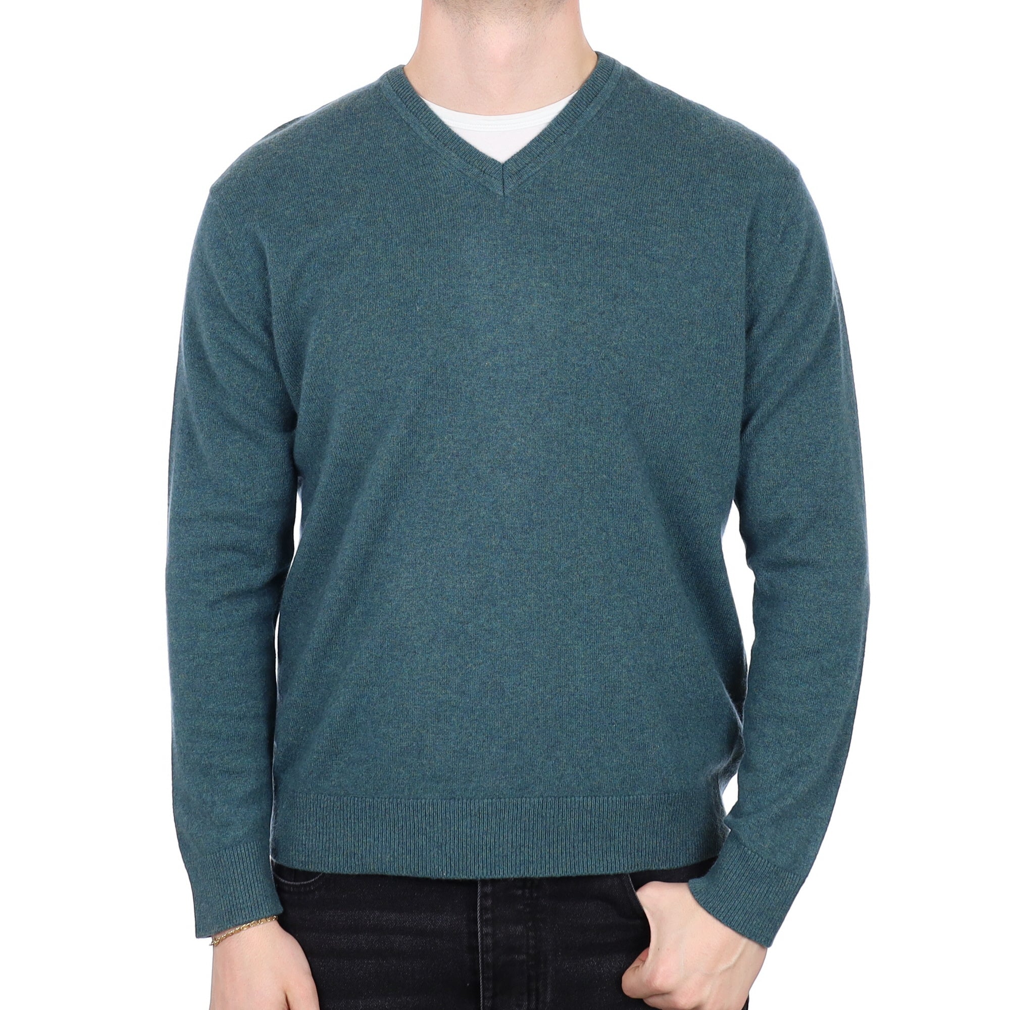 Men's Spruce Green Cashmere V Neck Jumper XL