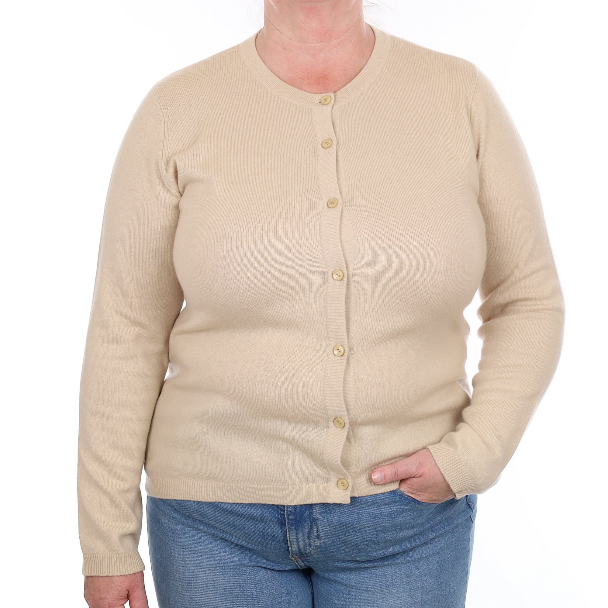 Light Beige Cashmere Crew Neck Cardigan Extra Large