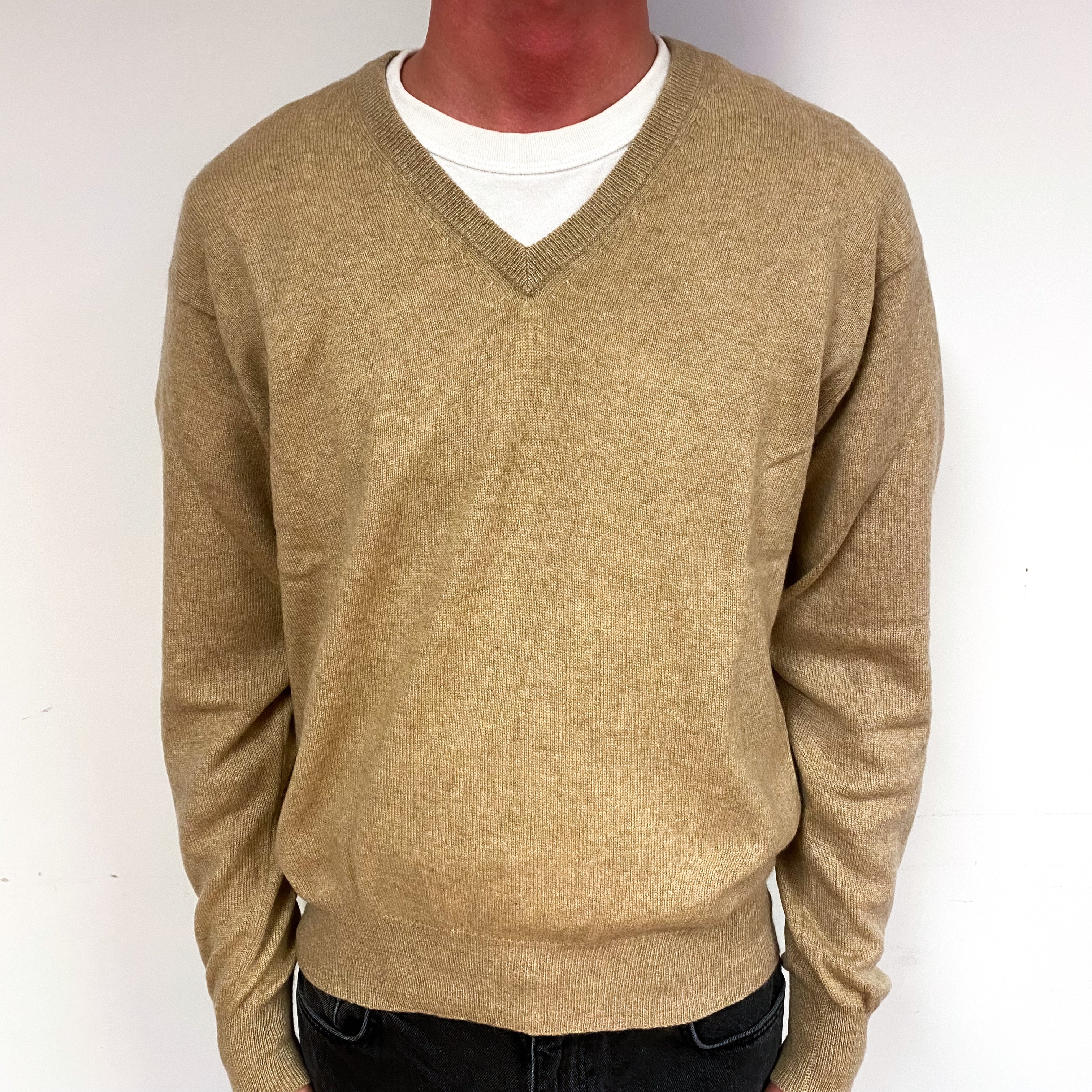 Men’s Sand Beige Cashmere V-Neck Jumper Small
