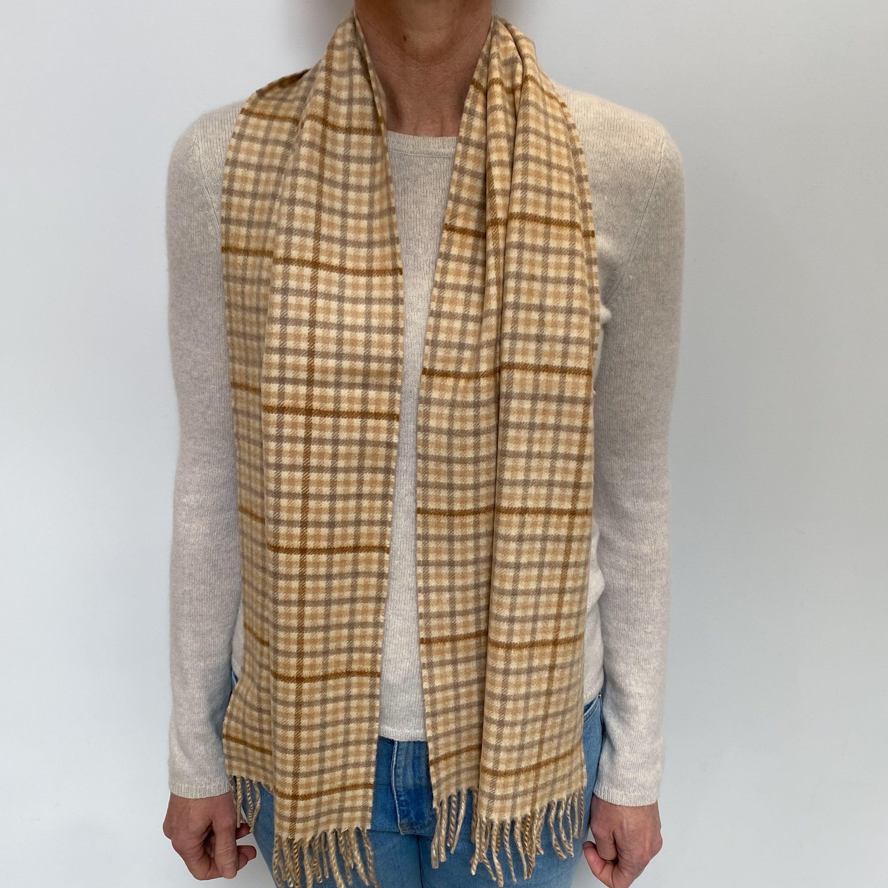 Camel Checked Cashmere Woven Fringed Scarf