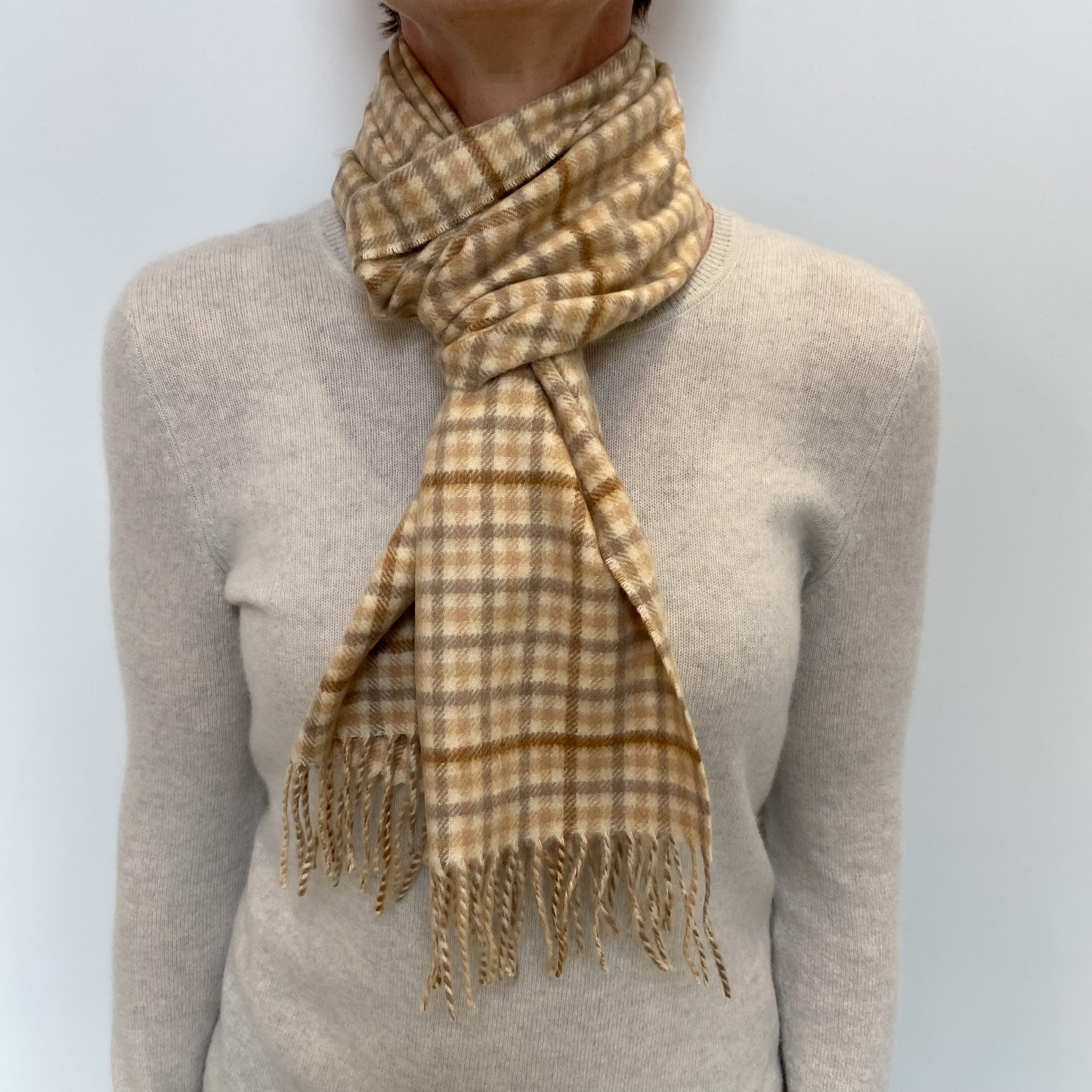 Camel Checked Cashmere Woven Fringed Scarf