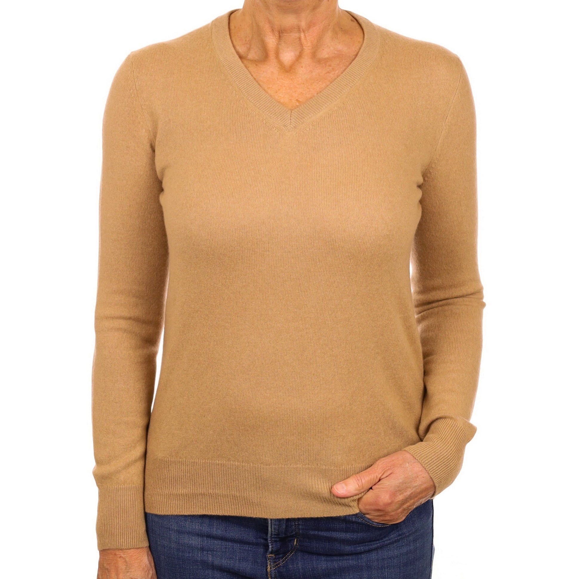 Caramel Brown Cashmere V Neck Jumper Medium