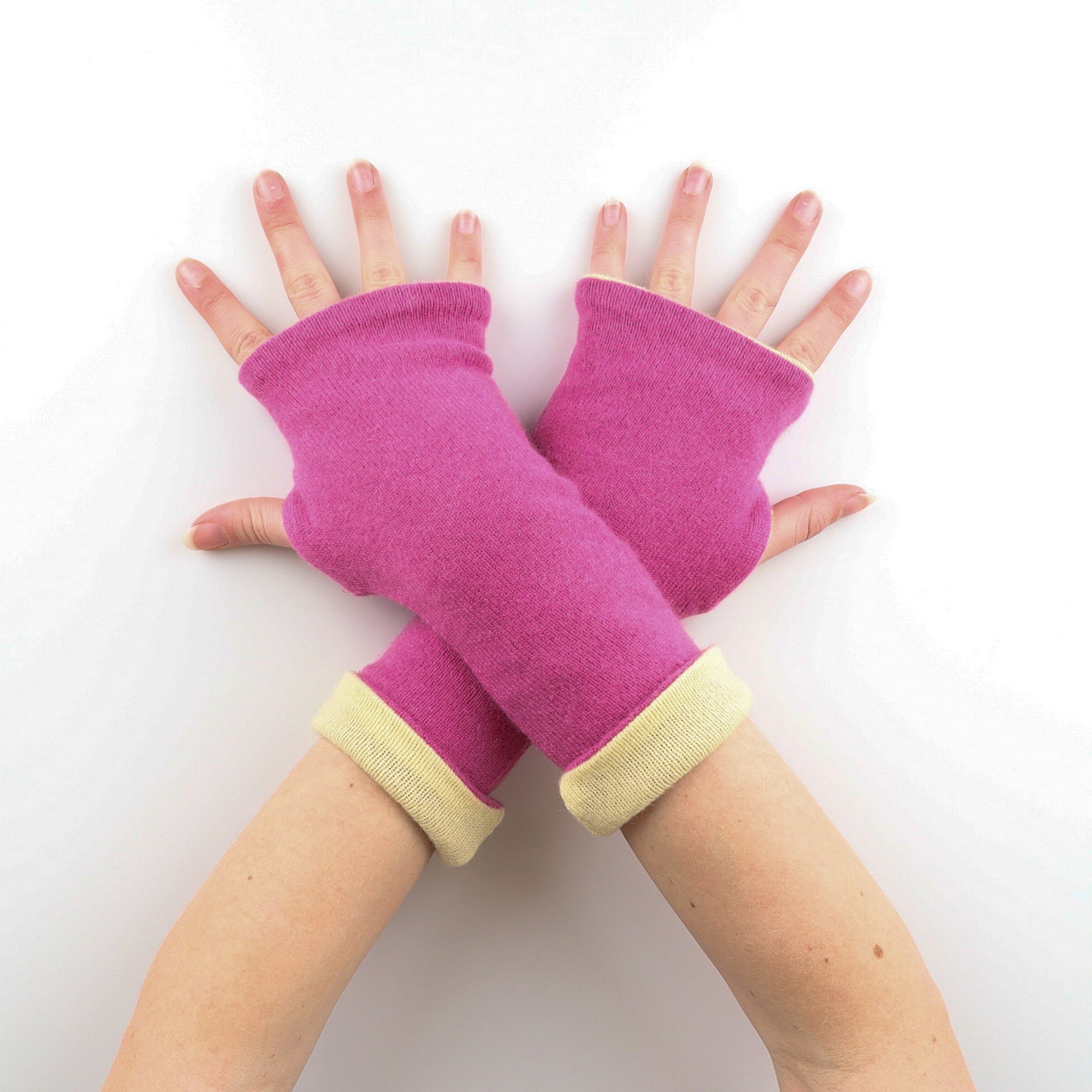 Deep Pink and Lemon Reversible Cashmere Fingerless Gloves