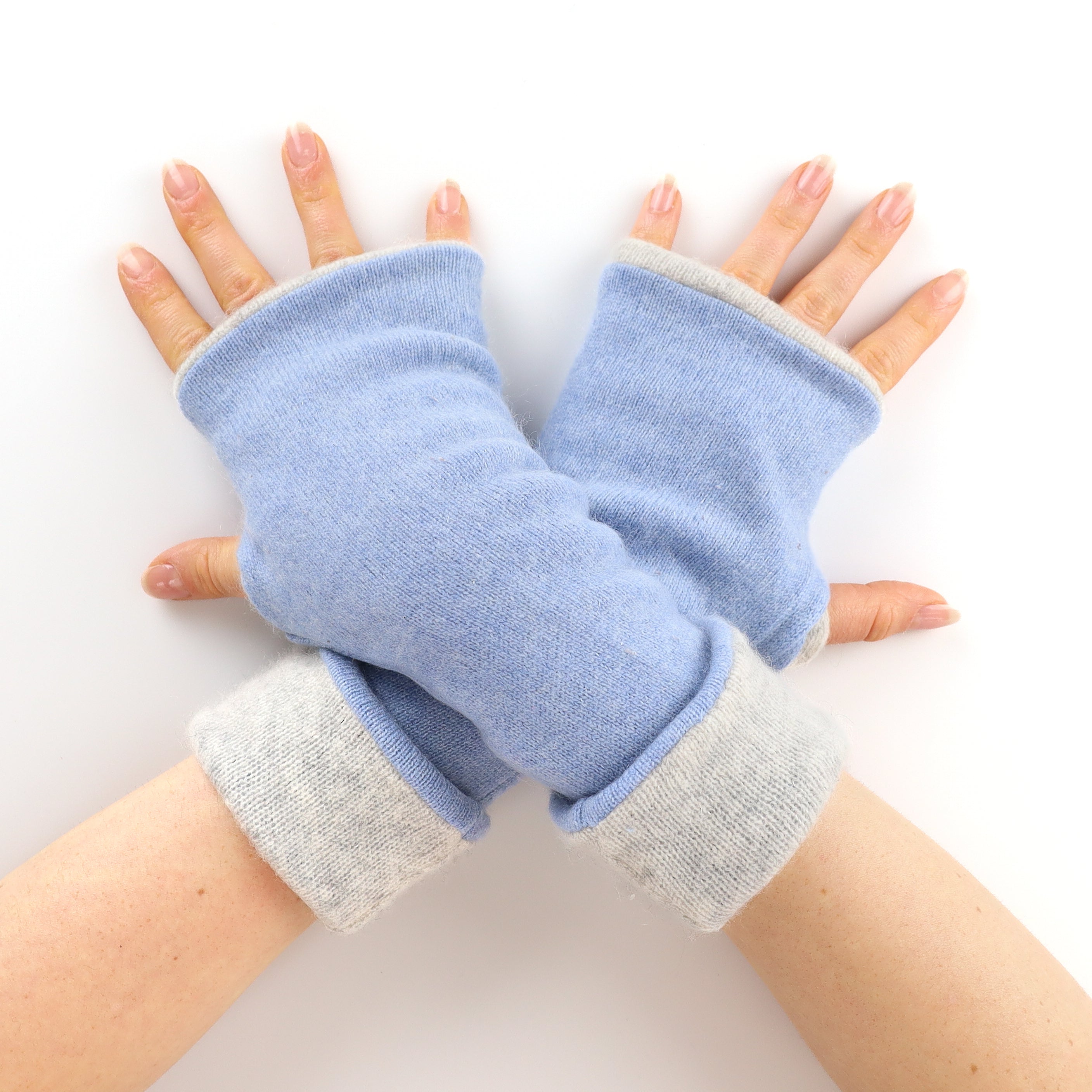 Sky Blue and Grey Reversible Fingerless Gloves