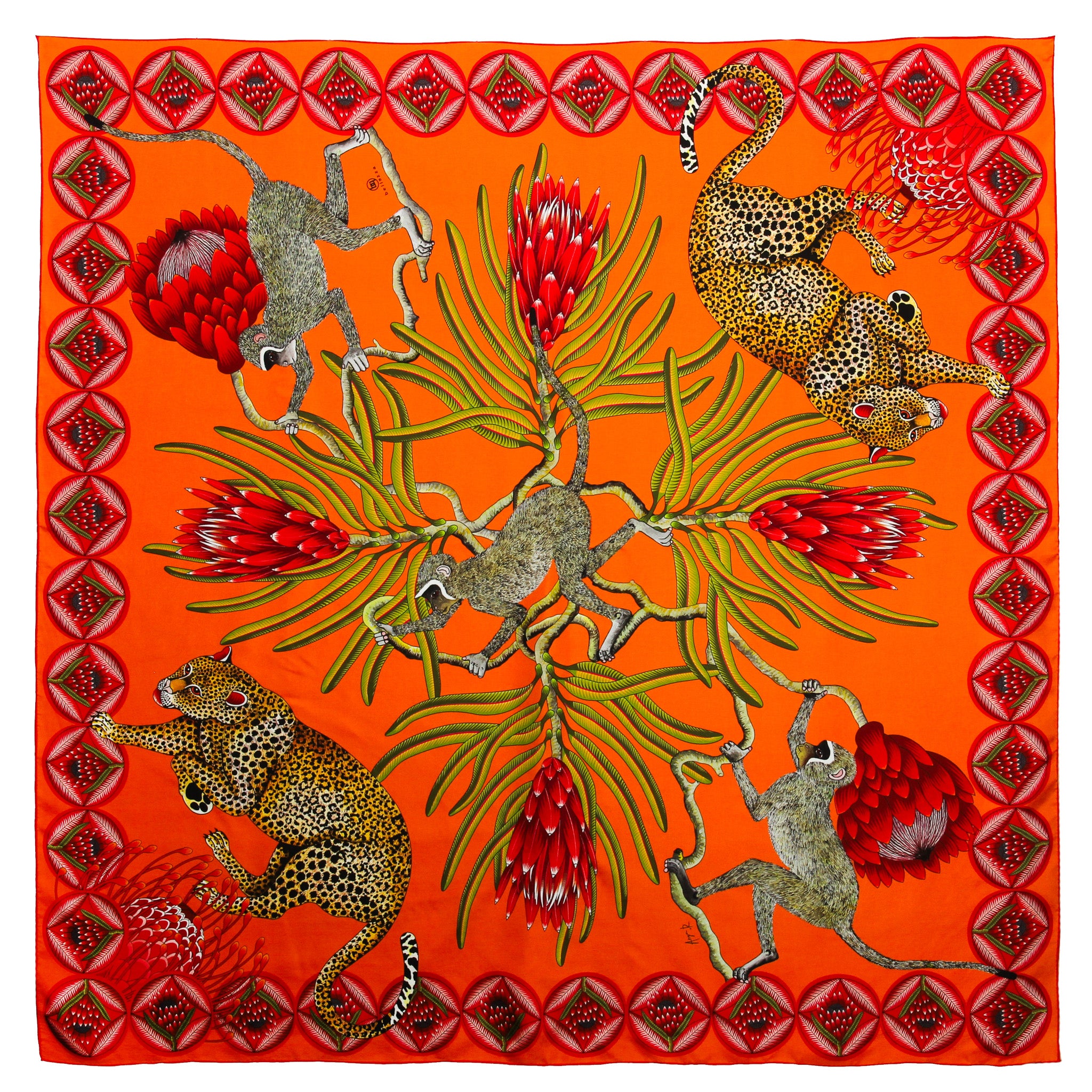 Brand New Bellezza Orange & Red Leopard Safari Double Faced Silk Scarf