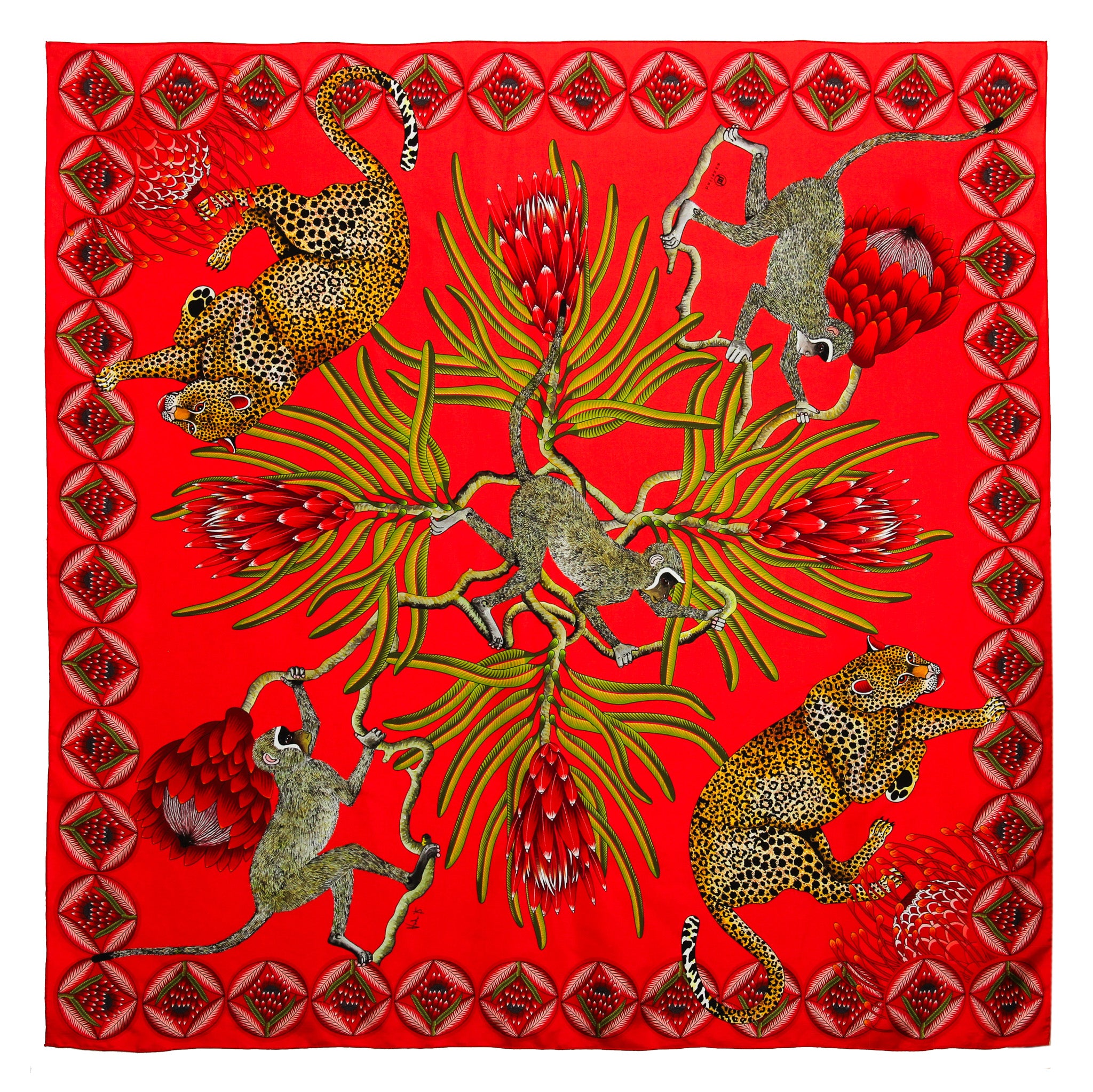 Brand New Bellezza Orange & Red Leopard Safari Double Faced Silk Scarf