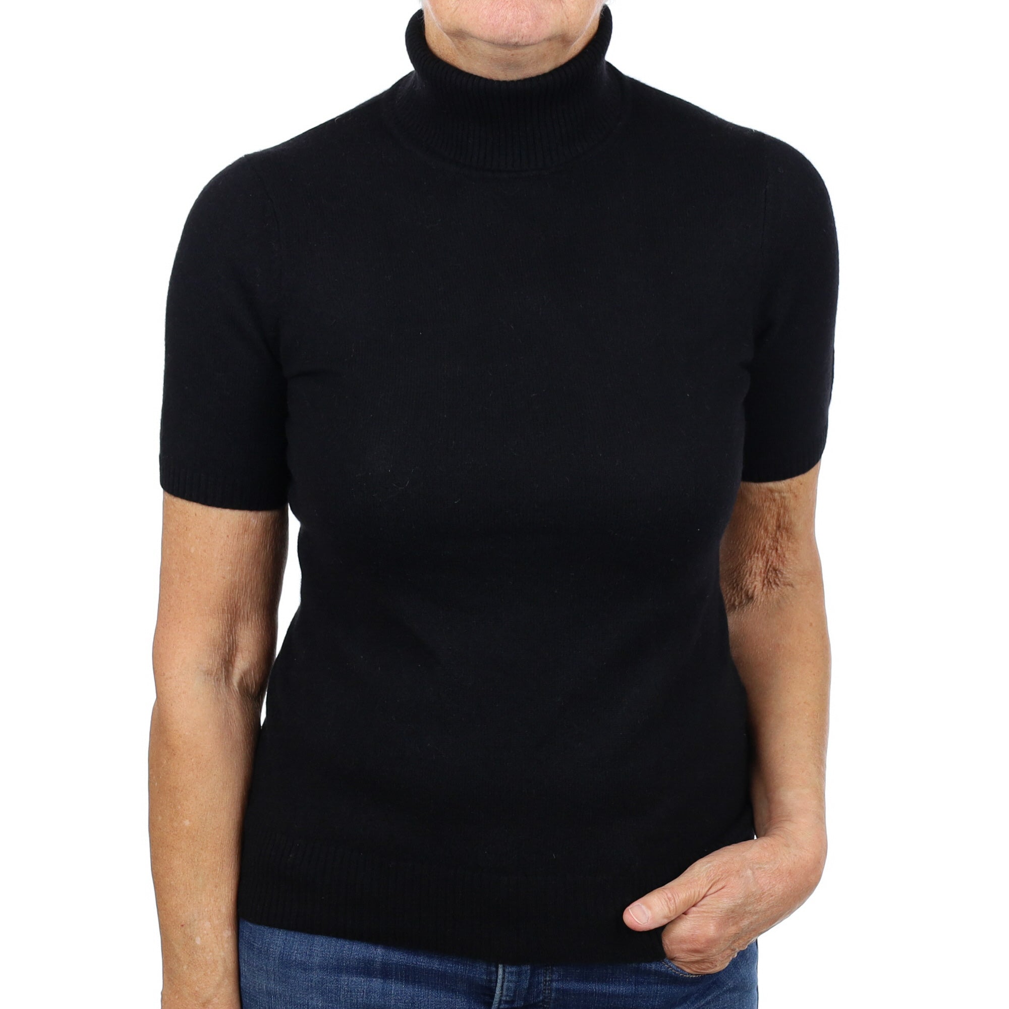 Black Cashmere Polo Neck Short Sleeve Jumper Medium