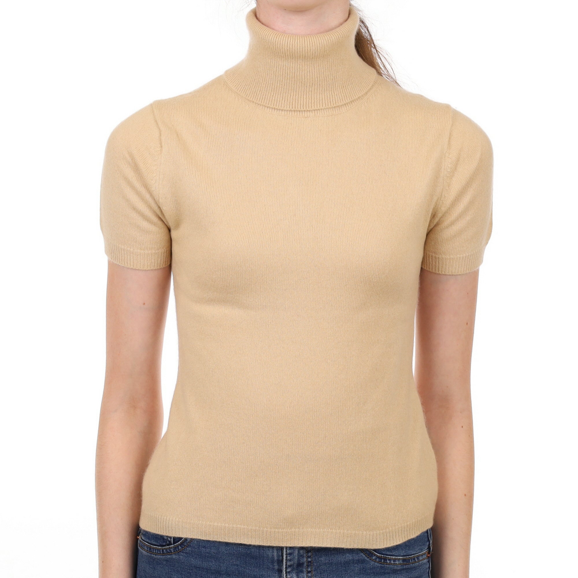 Sand Beige Cashmere Polo Neck Short Sleeved Jumper Extra Small