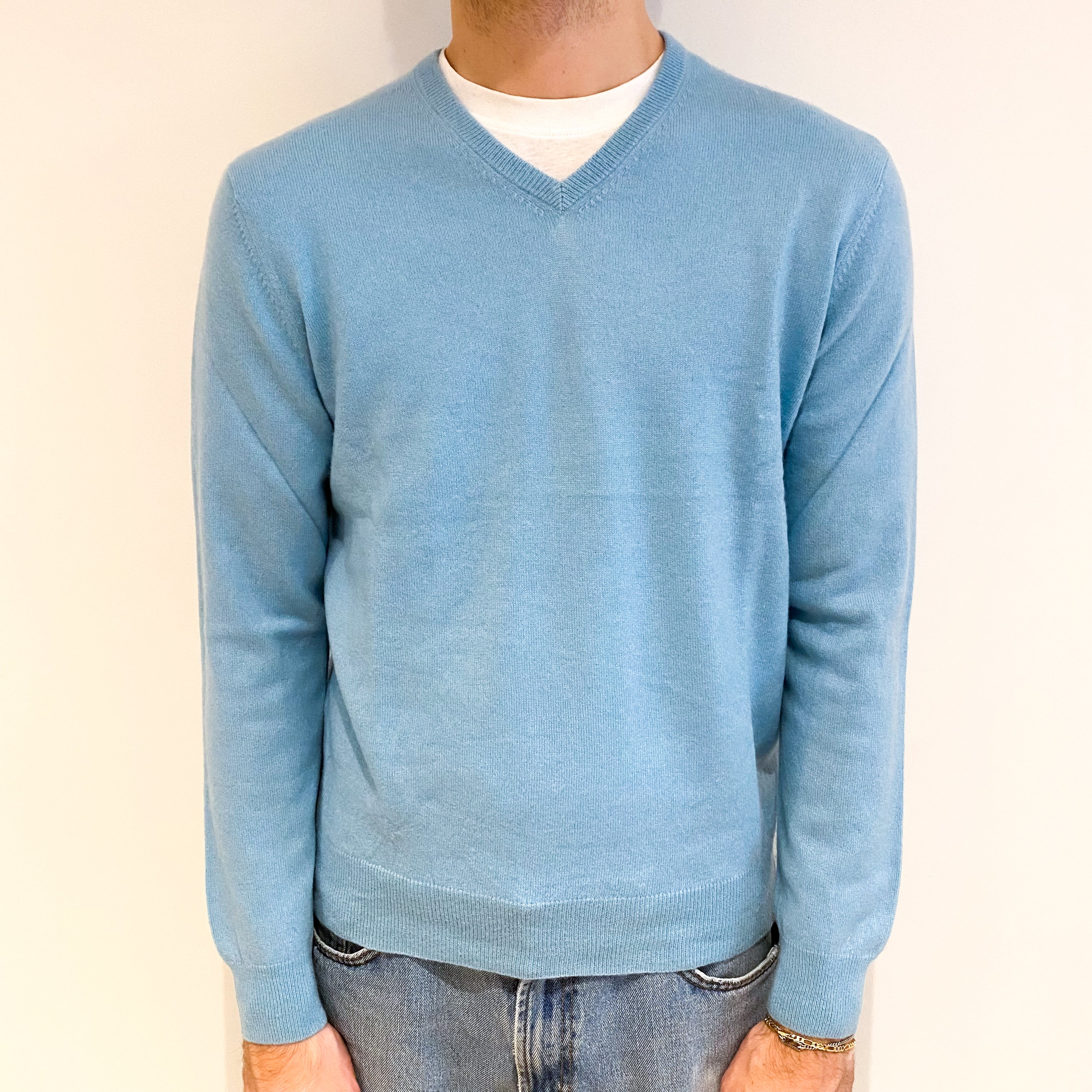 Men's Sky Blue Cashmere V Neck Jumper Large