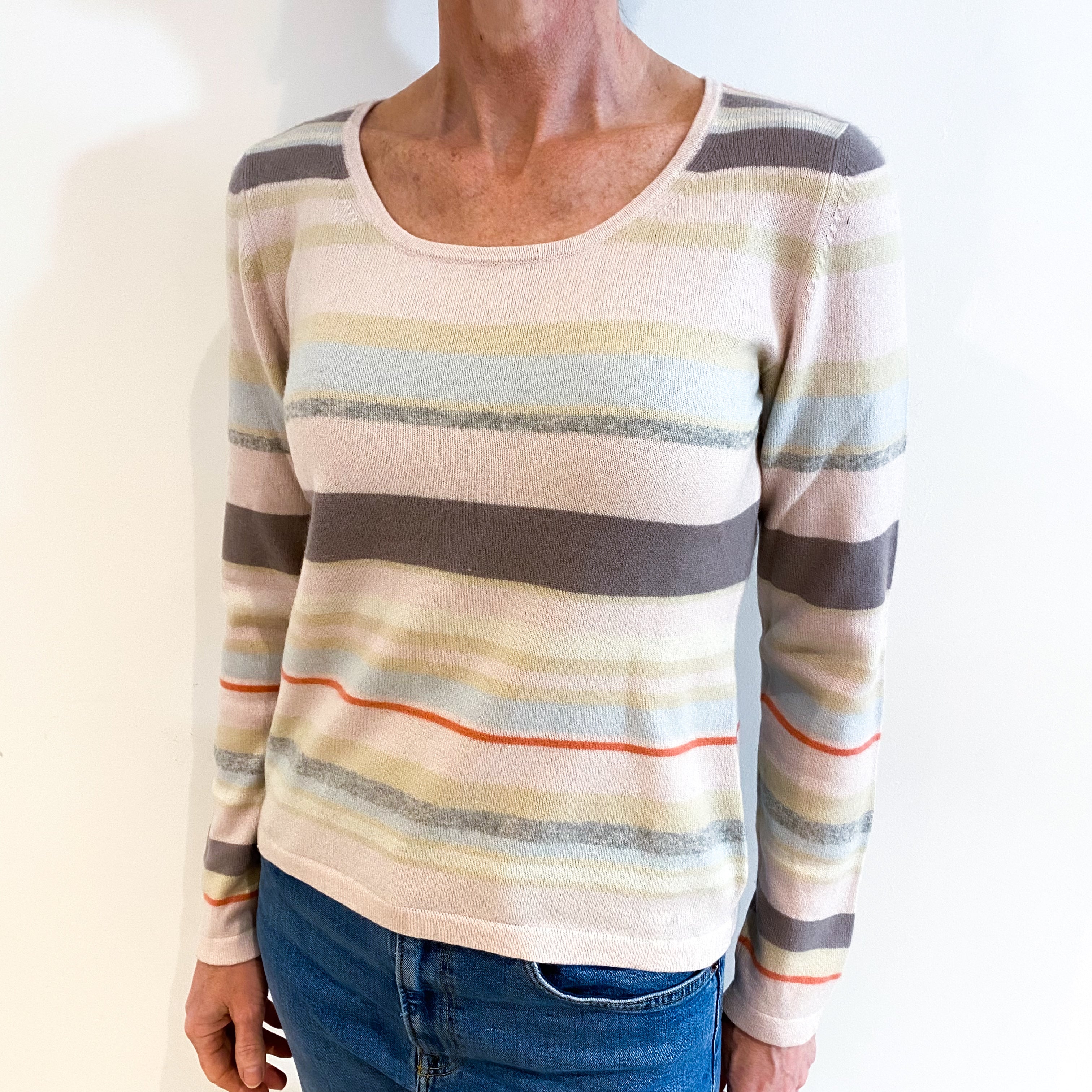 Pastel Striped Cashmere Crew Neck Jumper Small