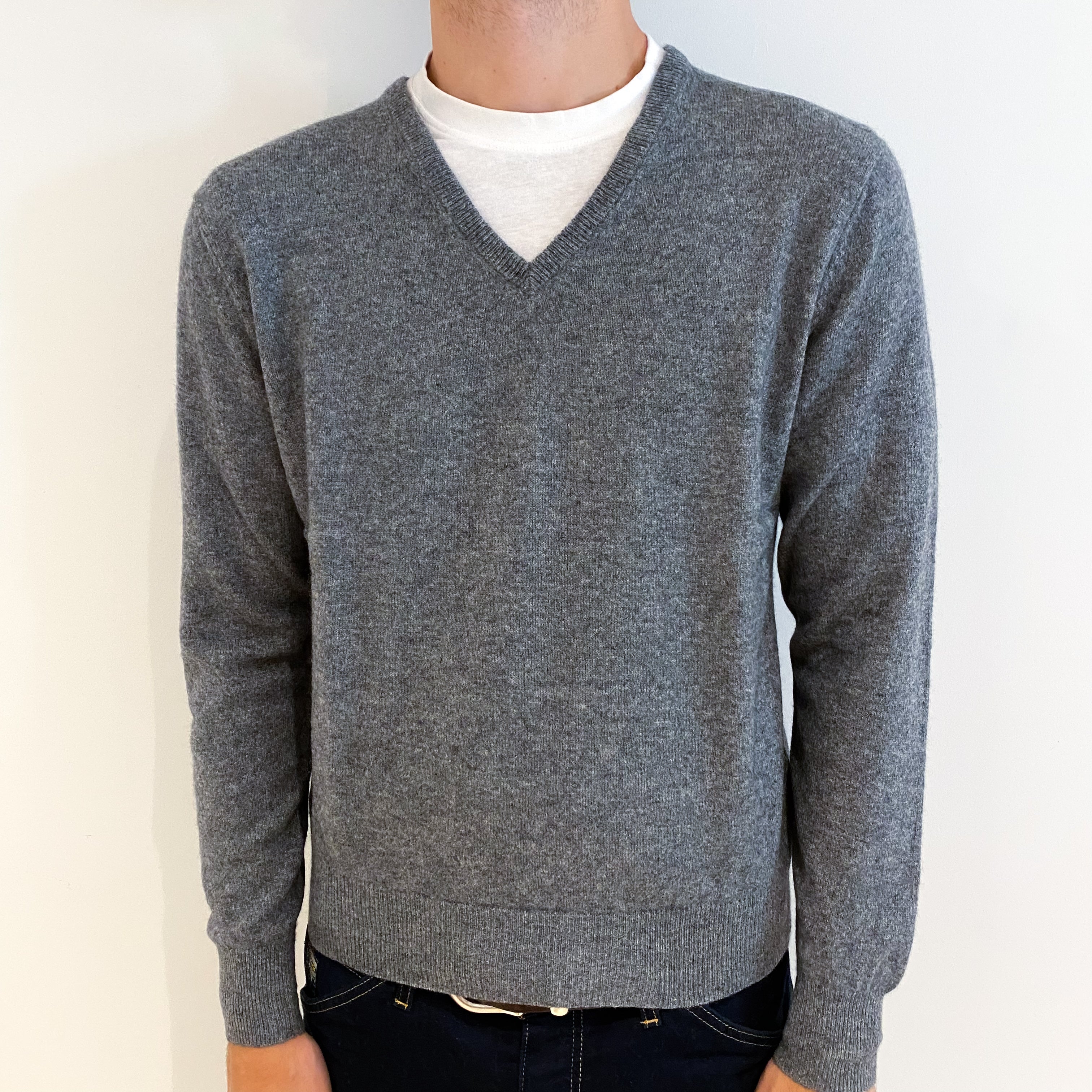 Men's Slate Grey Cashmere V-Neck Jumper Medium