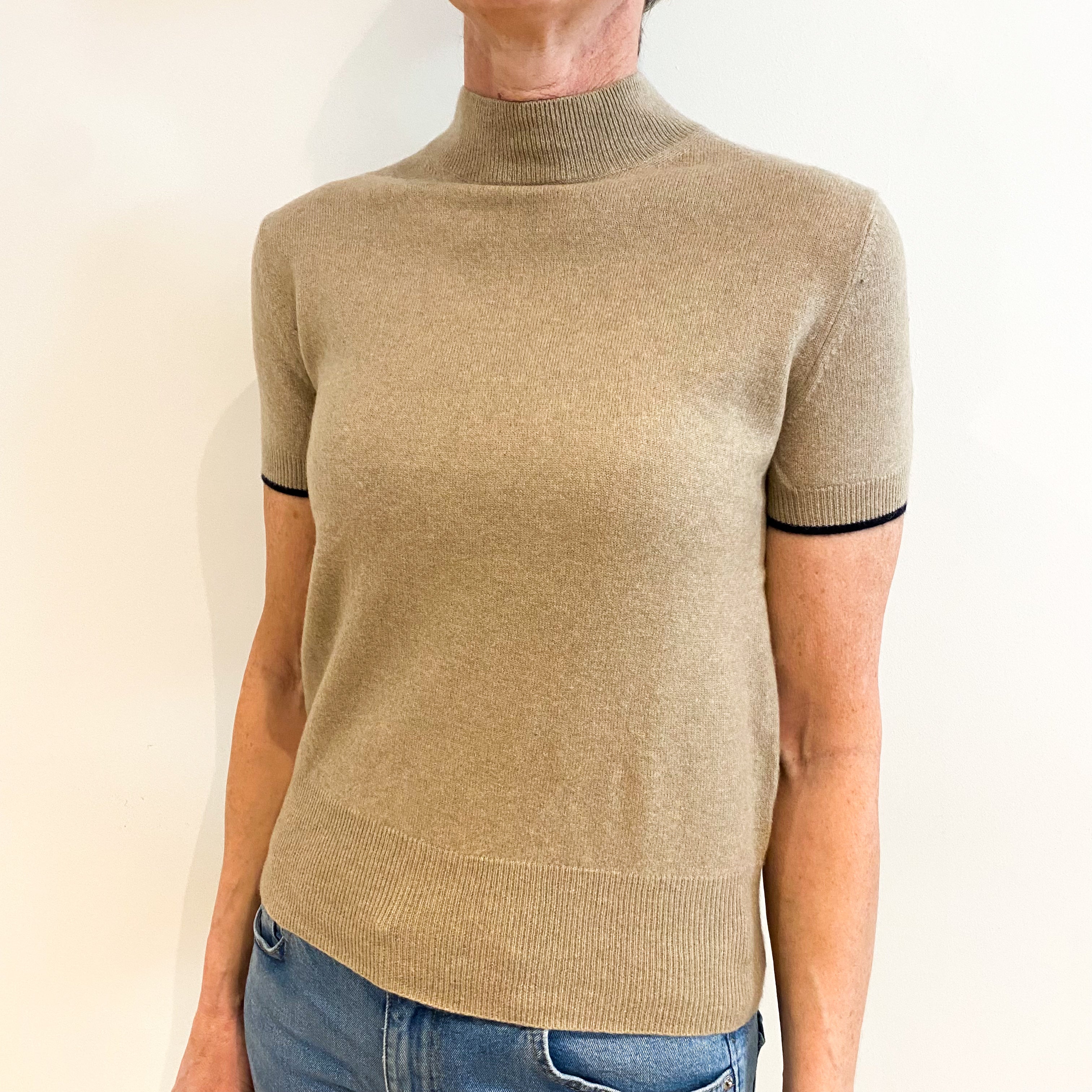 Oatmeal Beige Cashmere Turtle Neck Short Sleeved Jumper Small