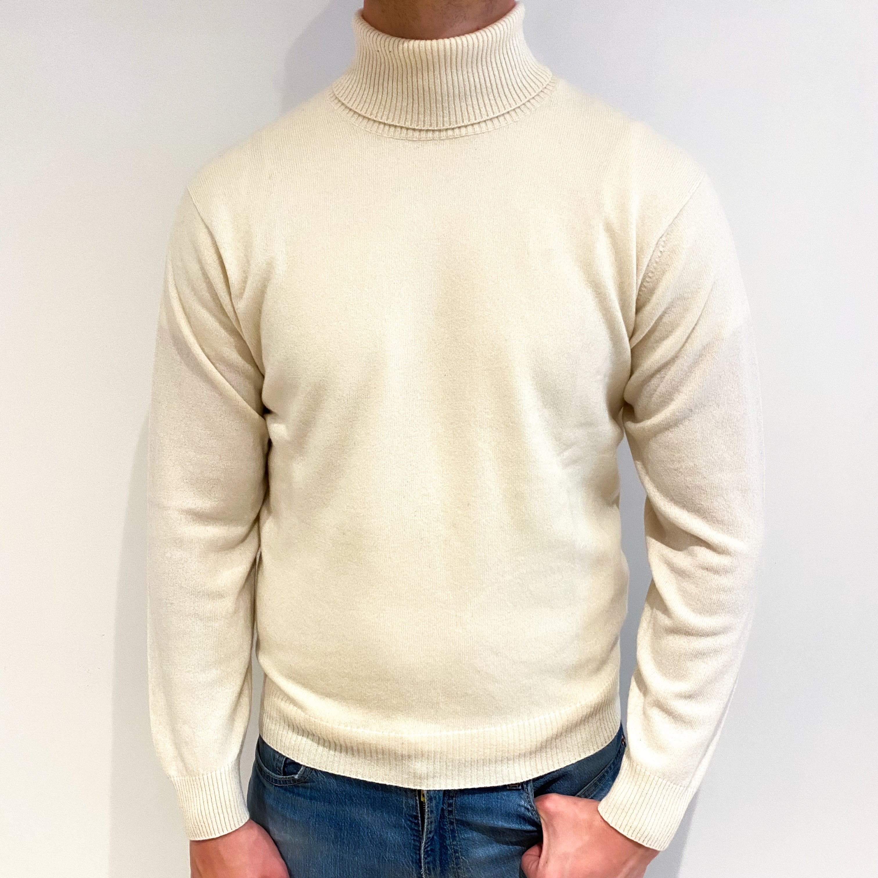 Men's Vanilla Cream Cashmere Polo Neck Jumper XL