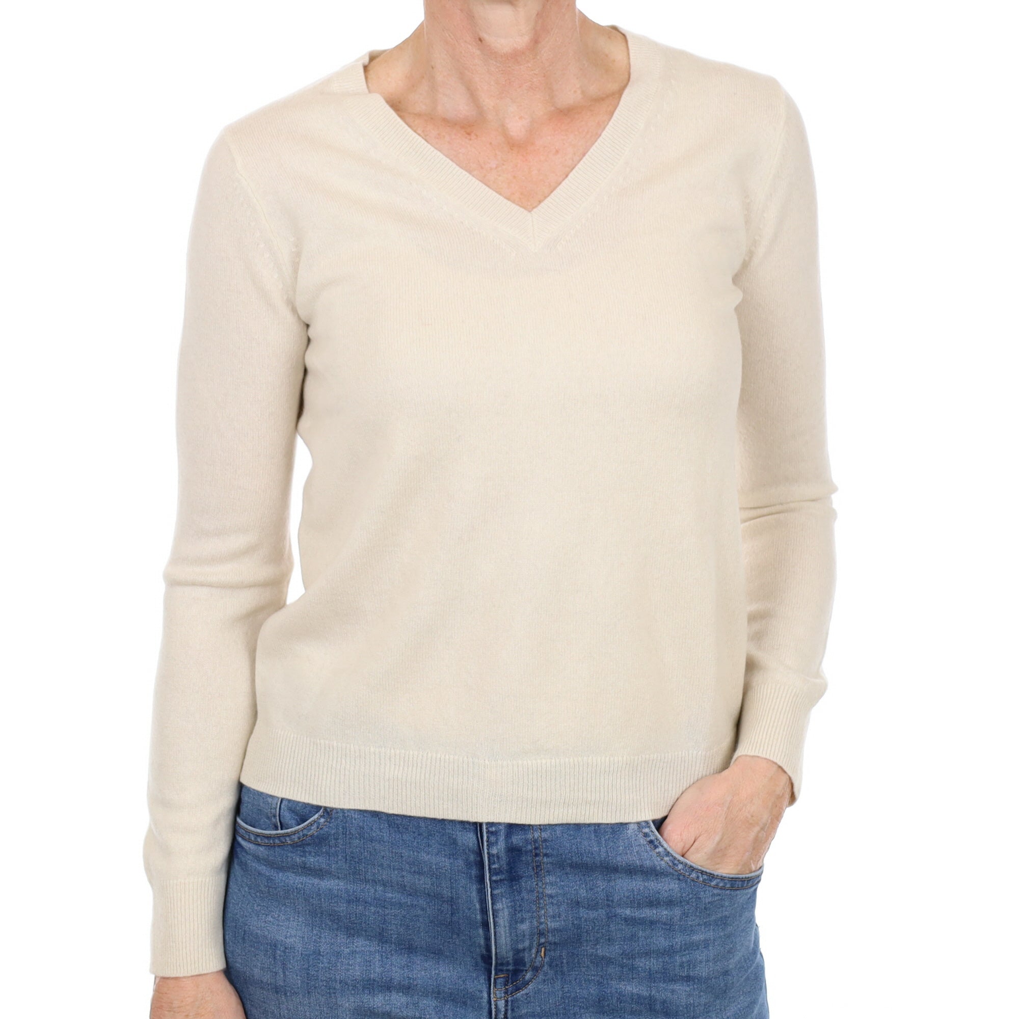 Vanilla Cream Cashmere V Neck Jumper Small