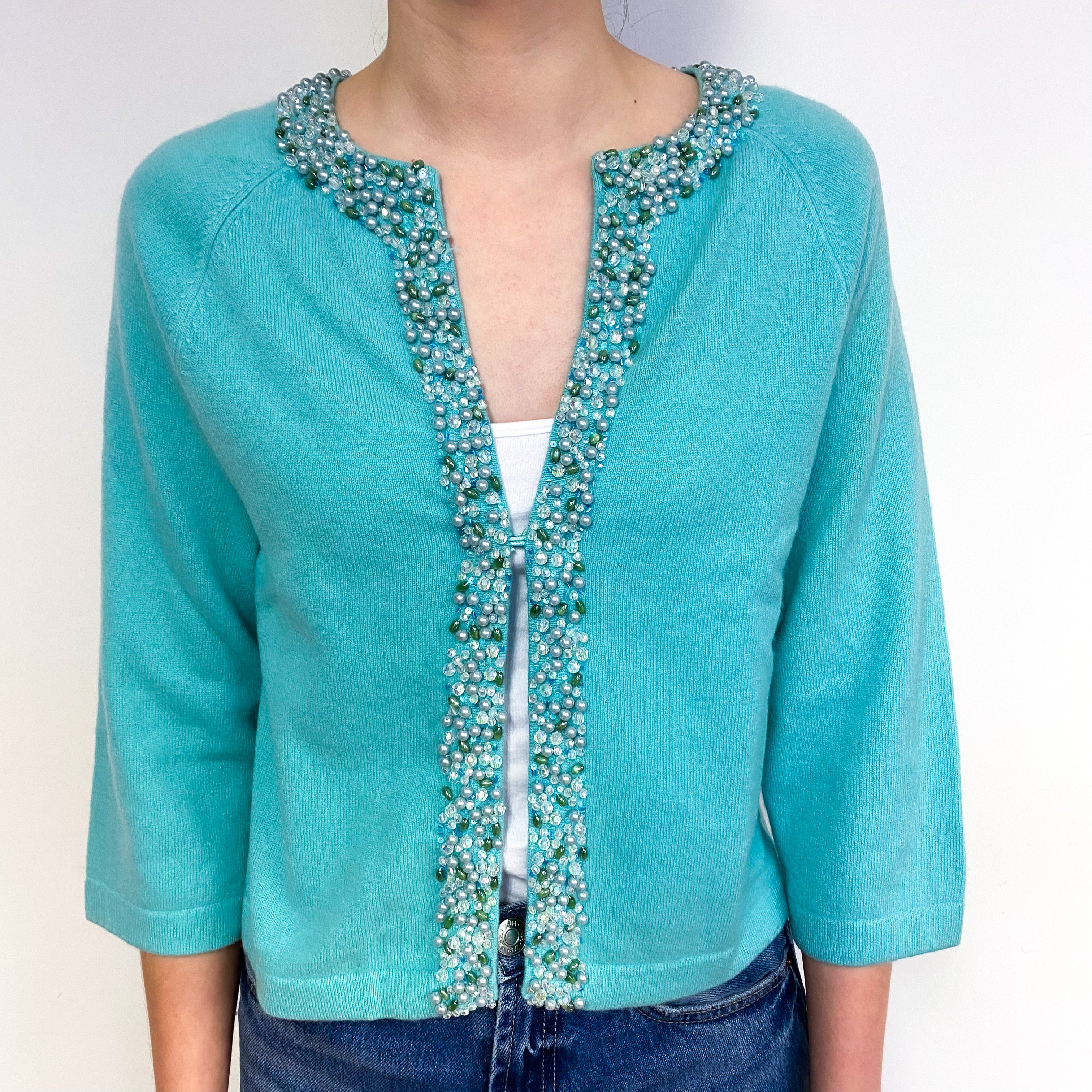 Aqua Green Bejewelled Cashmere Cardigan Extra Small