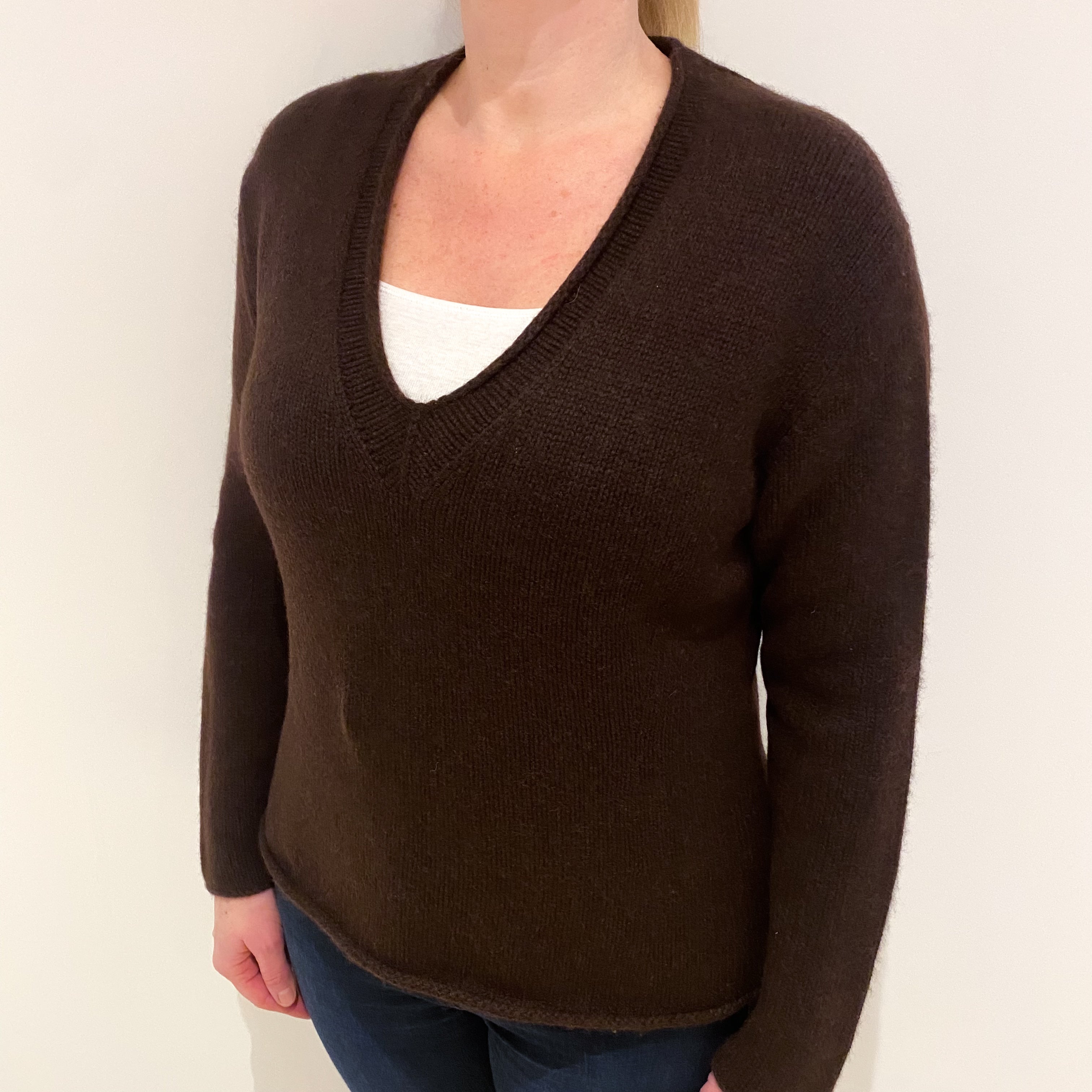 Repeat Peppercorn Brown Cashmere V Neck Jumper Large