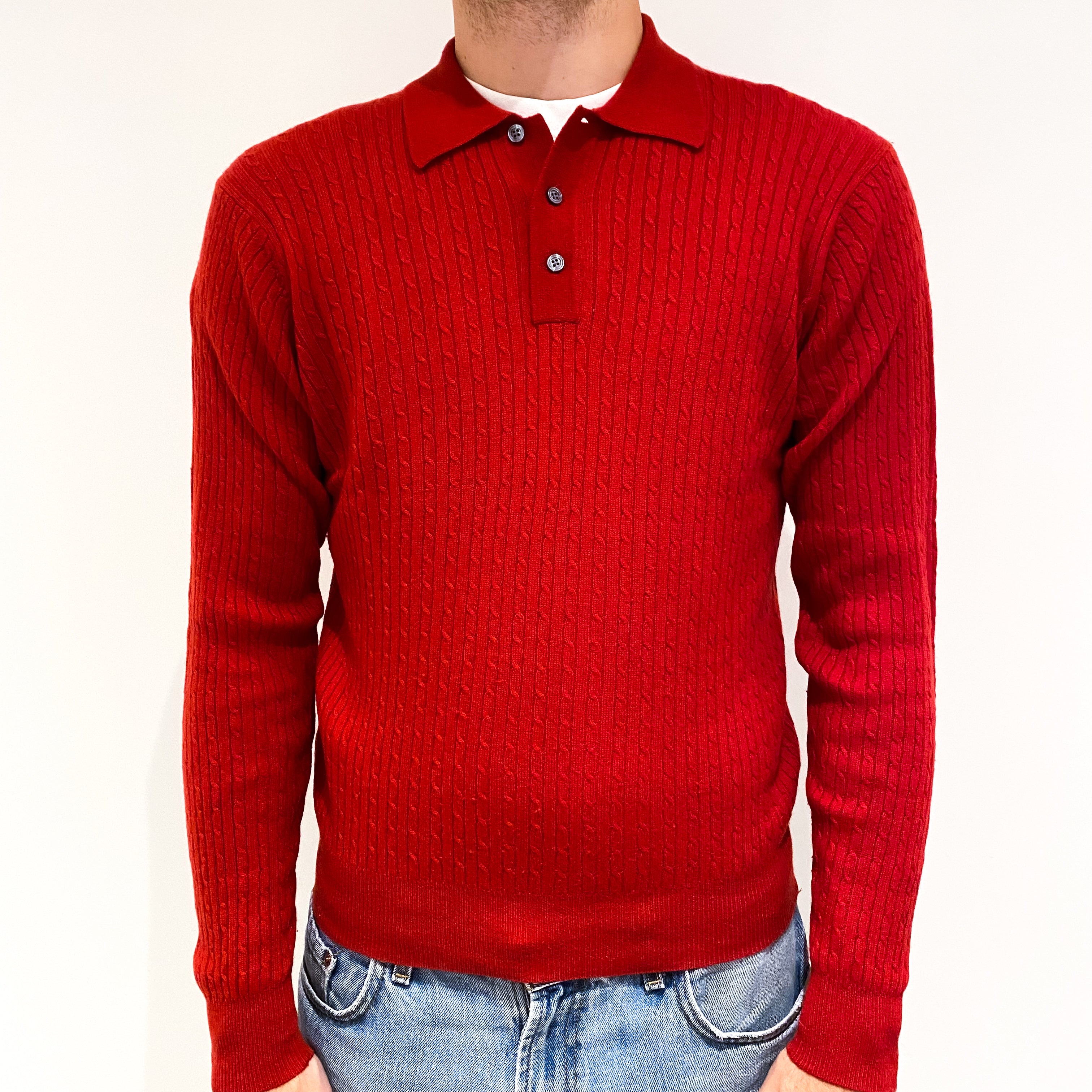 Men's Red Cable Cashmere 1/4 Button Jumper Medium