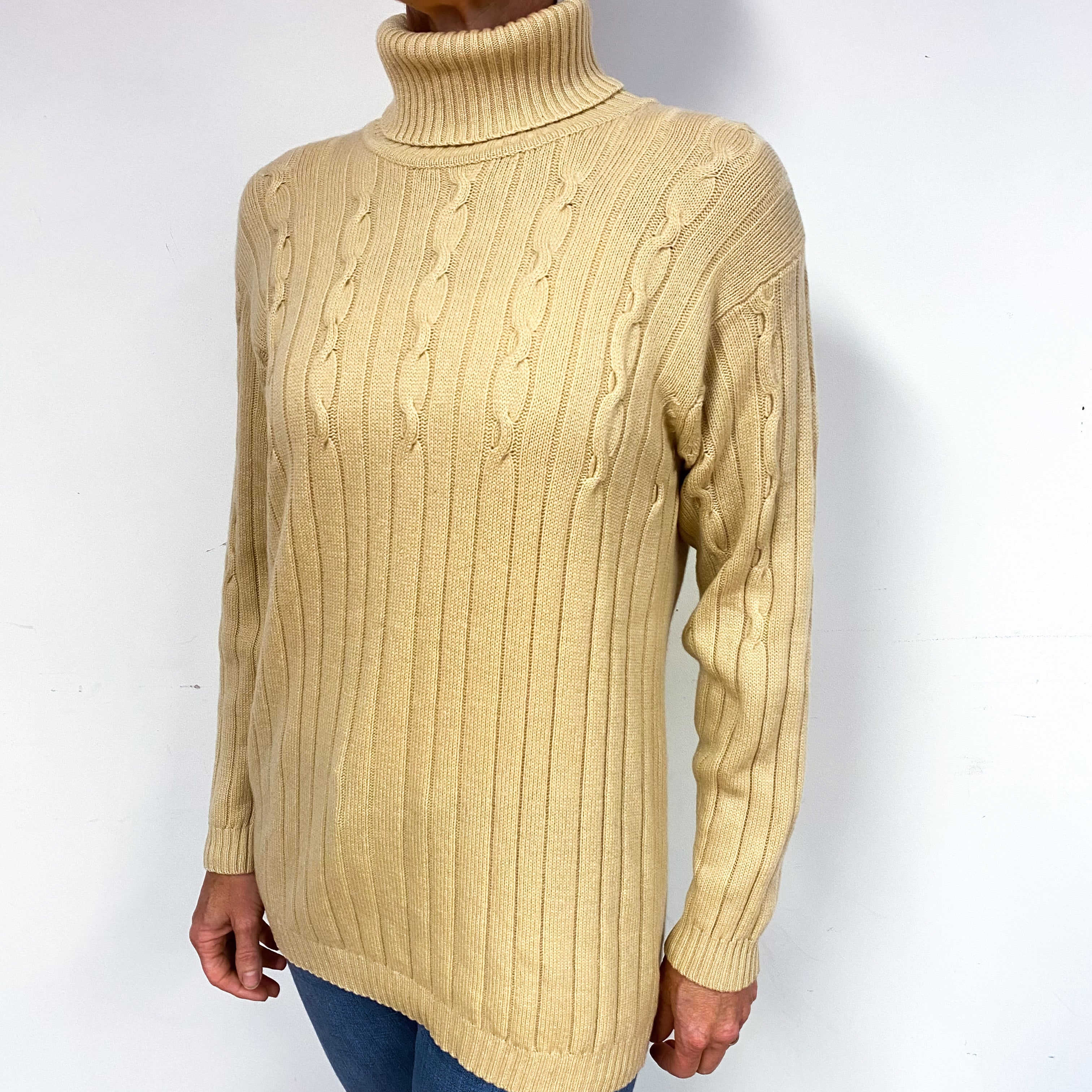 Sand Beige Longline Cashmere Polo Neck Jumper Medium