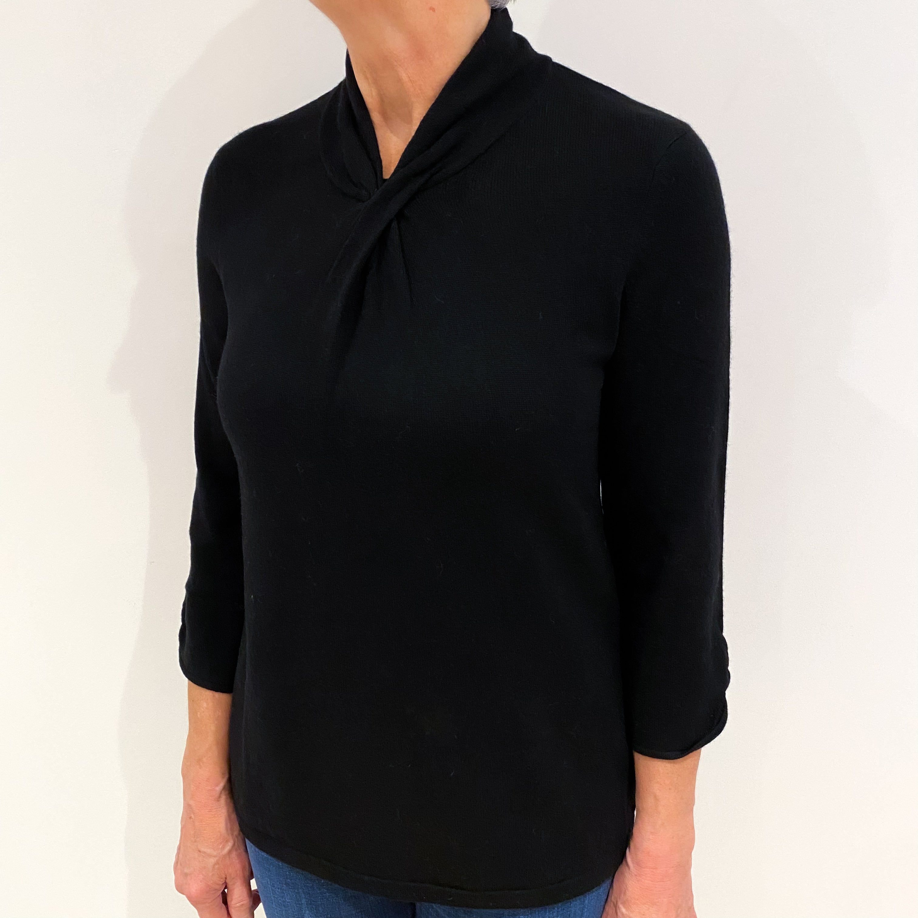Black Cashmere Twisted Shawl Collar Jumper Medium