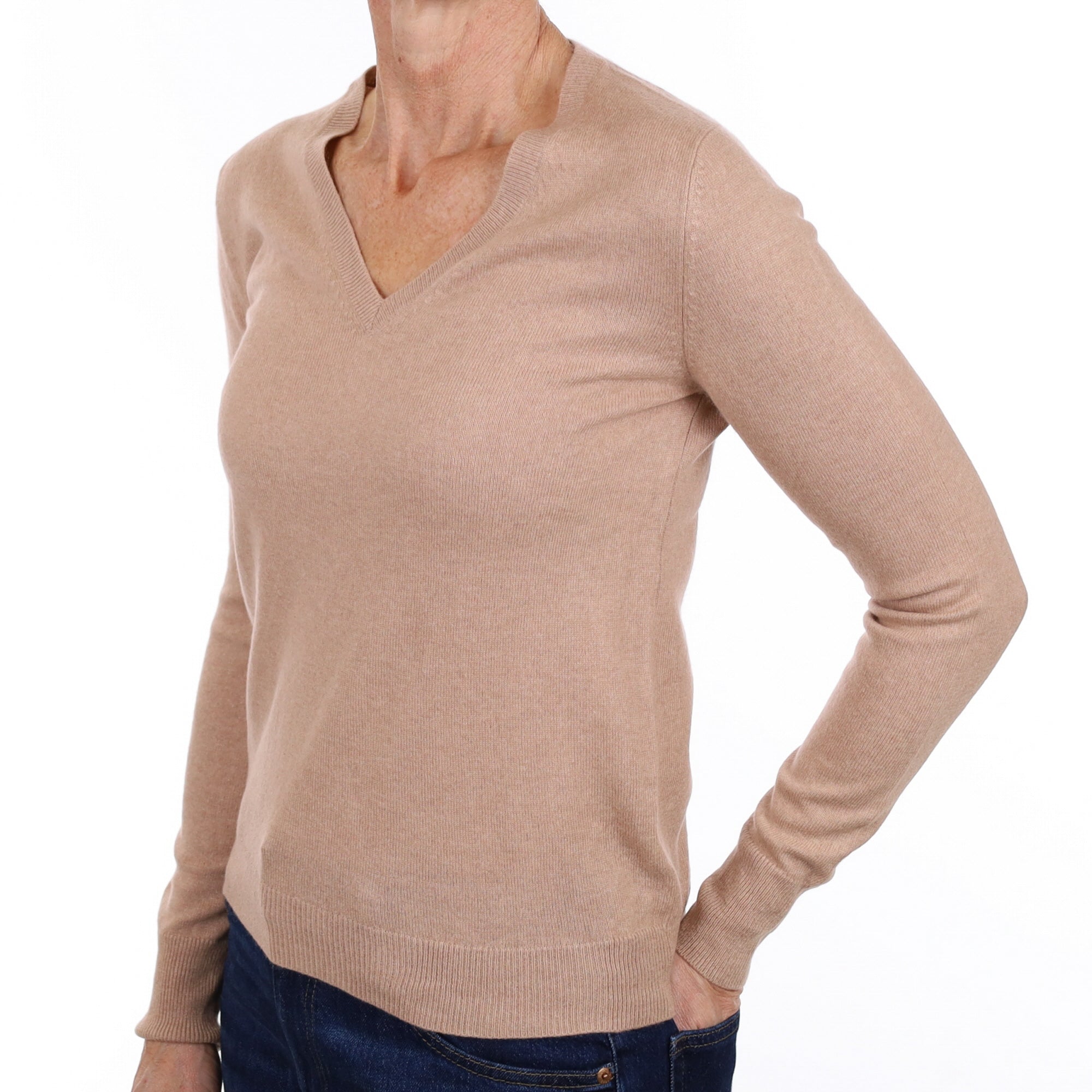 Buff Beige Cashmere V Neck Jumper Small