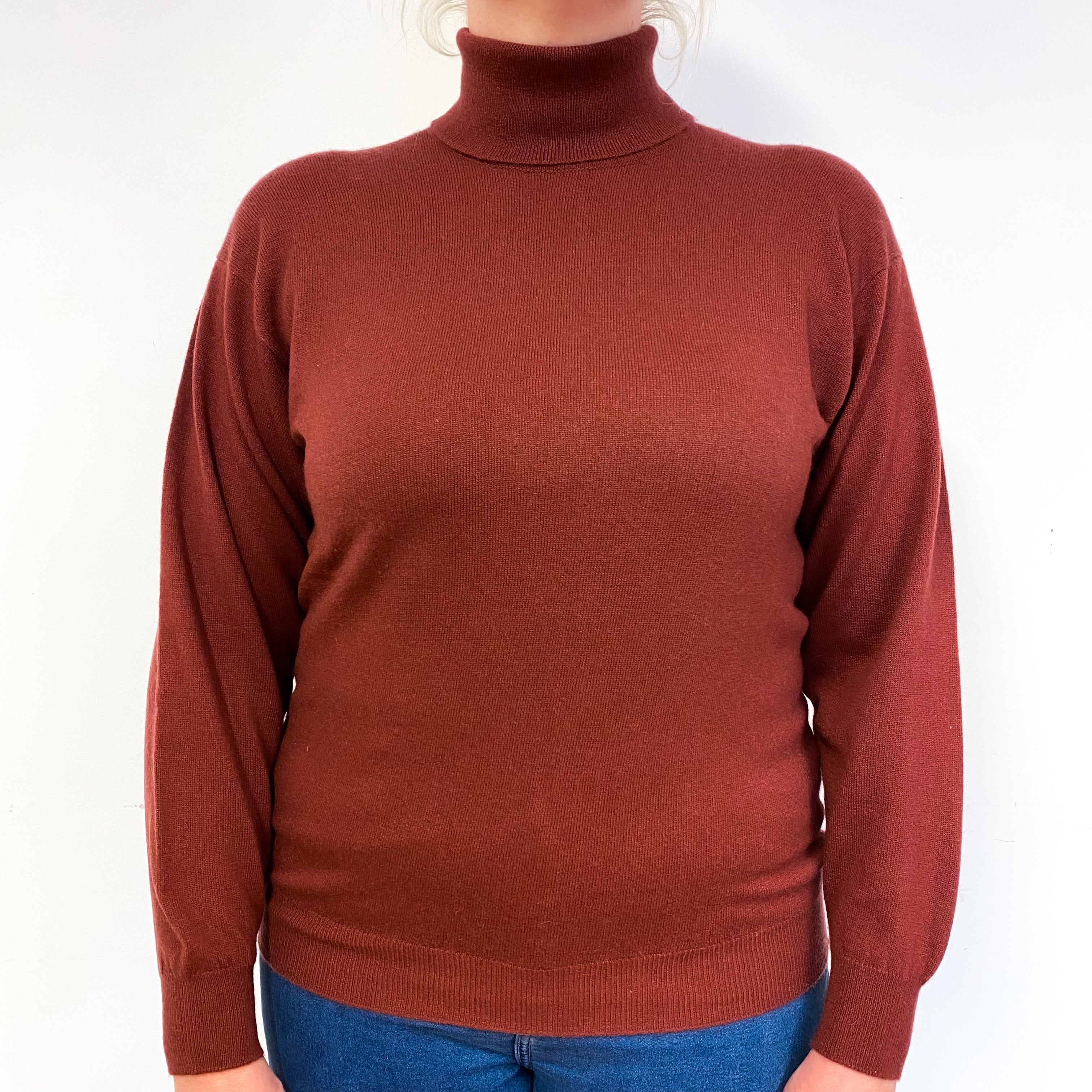 Scottish Brick Red Cashmere Polo Neck Jumper Large
