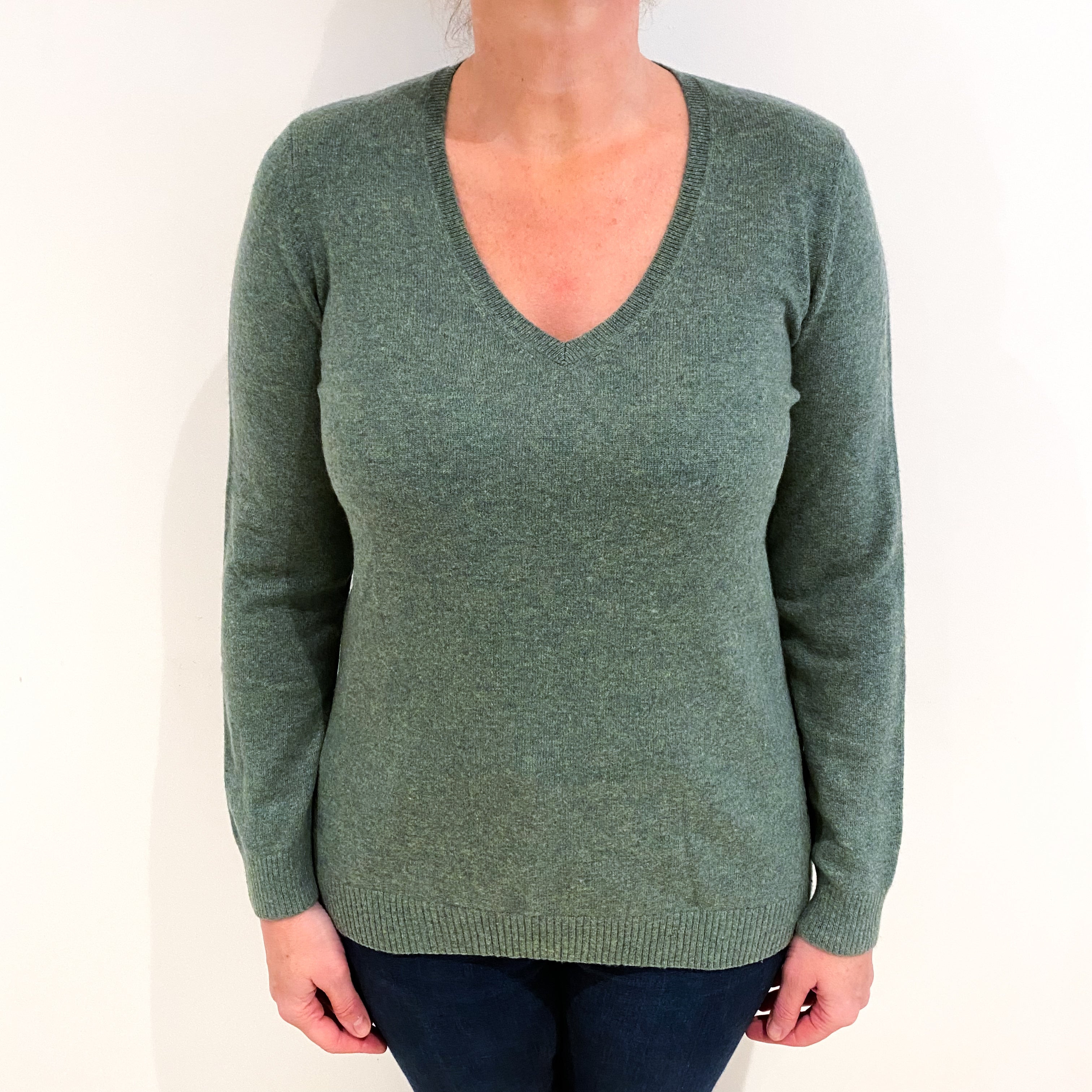 Moss Green Cashmere V Neck Jumper Large