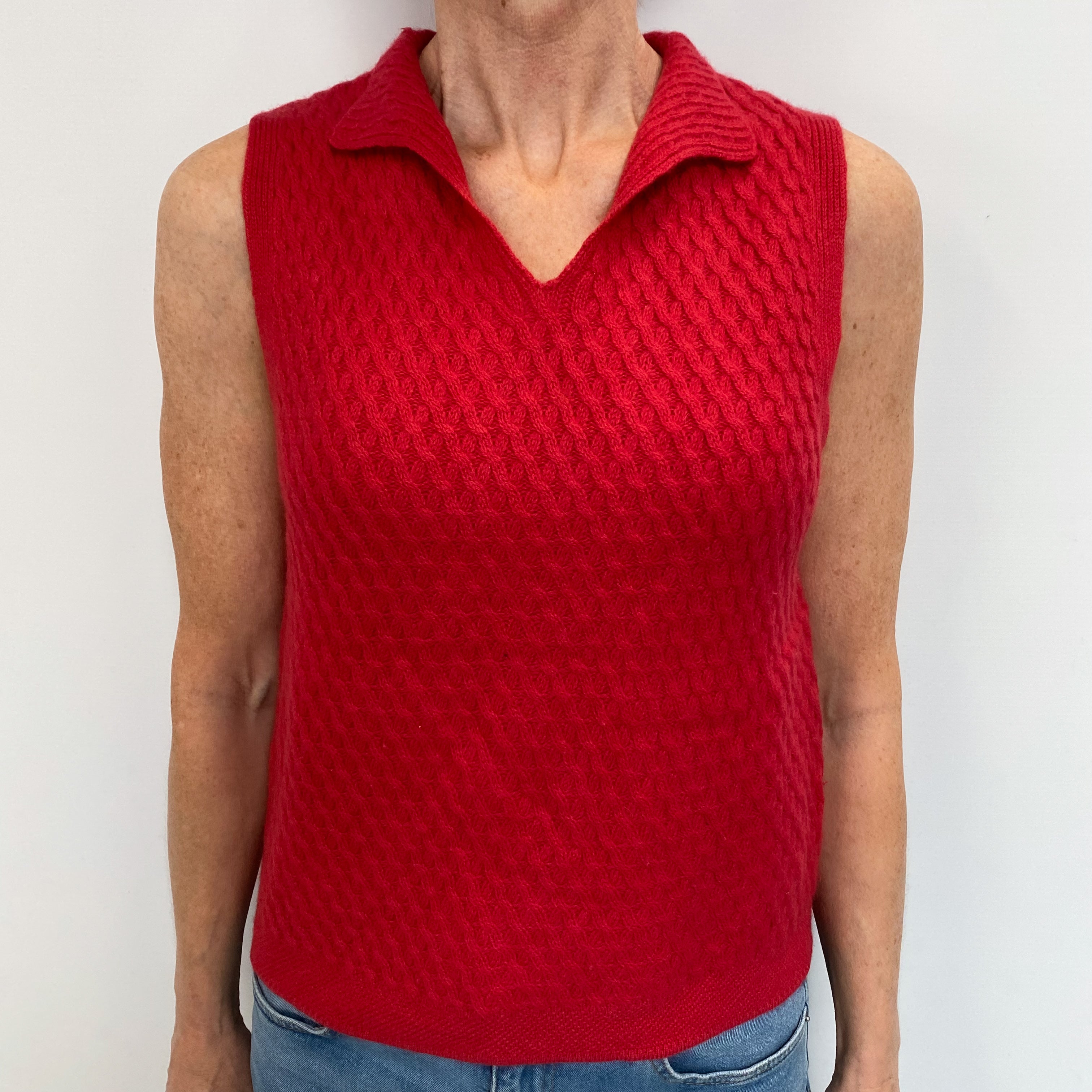 Strawberry Red Cashmere Sleeveless Notch Neck Jumper Small