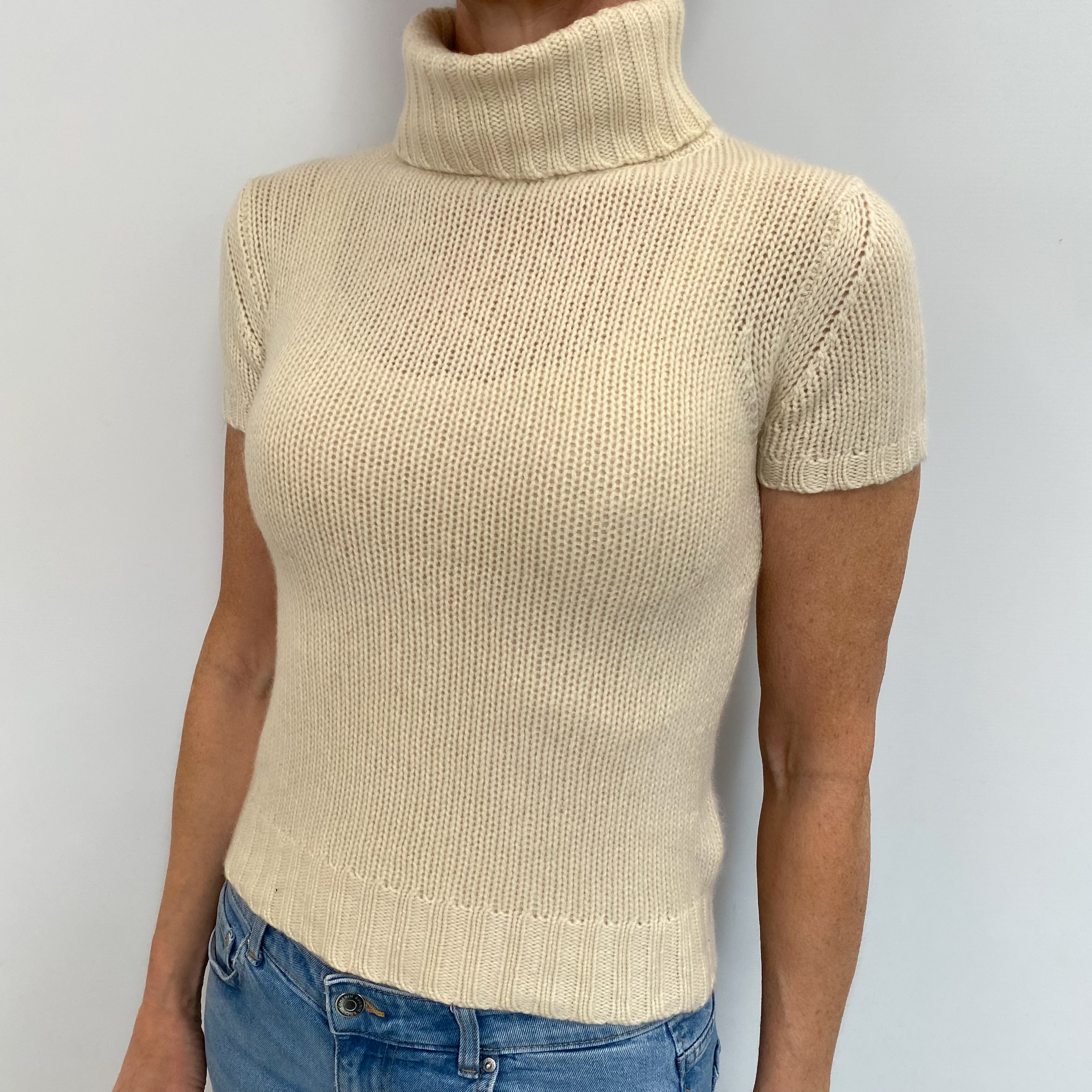 Ivory Cashmere Short Sleeved Polo Neck Jumper Small