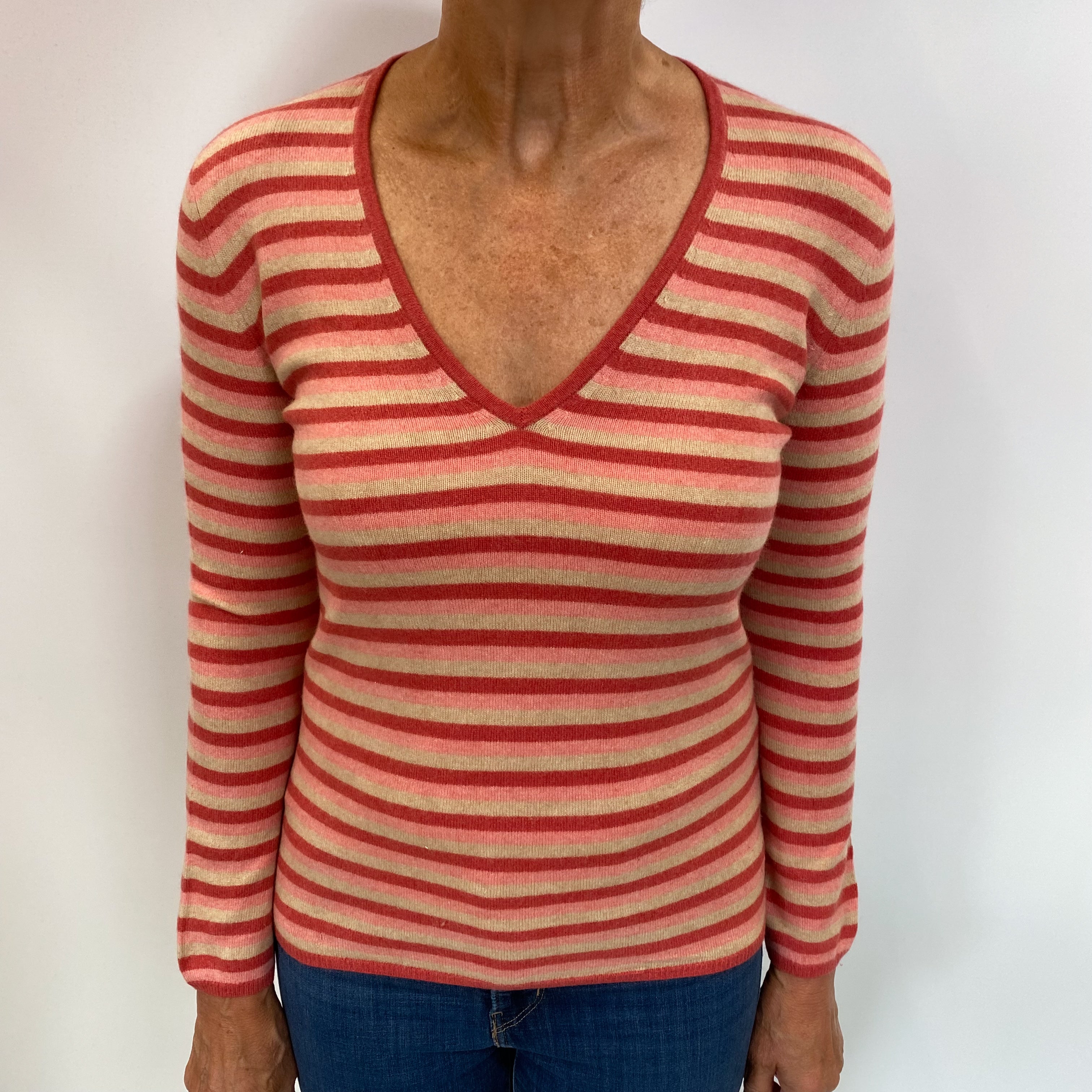 Pink and Beige Striped Cashmere V Neck Jumper Medium