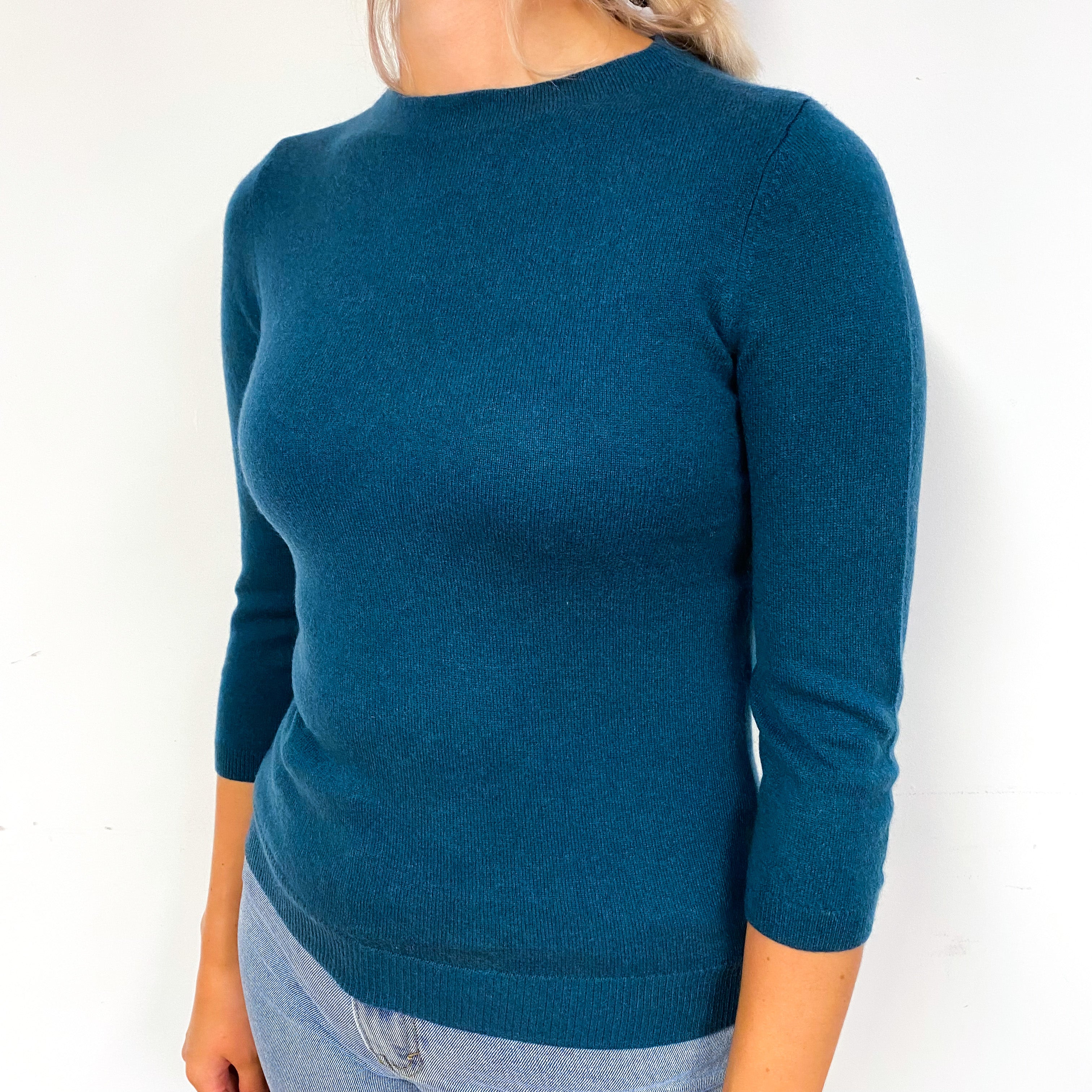 Teal Blue 3/4 Sleeved Cashmere Crew Neck Jumper Small